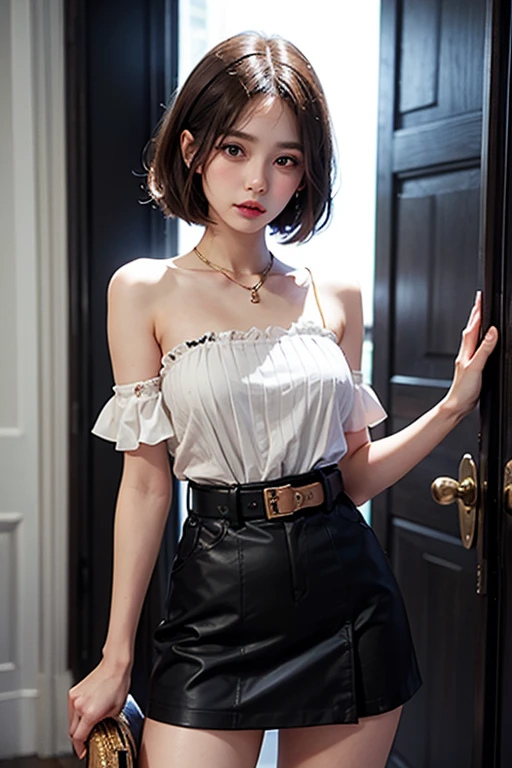 1 woman in a clothing shop, fashionable short hair,(Ulzzang-6500:1.2) mix 4, hiqcgbody, big bust, A little sexy outfit, clothes:random color,