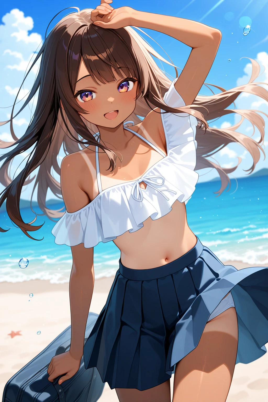 (cowboy shot), (ultra-high resolution, depth of field:1.2), 1woman, (tan skin:1.4), brown eyes, (long straight black hair), ponytail, bangs, (medium breasts:1.2), off-shoulder bikini, light pink bikini, light blue chocker, (light blue stripes), tight strap, gentle smile, pool, sunset
