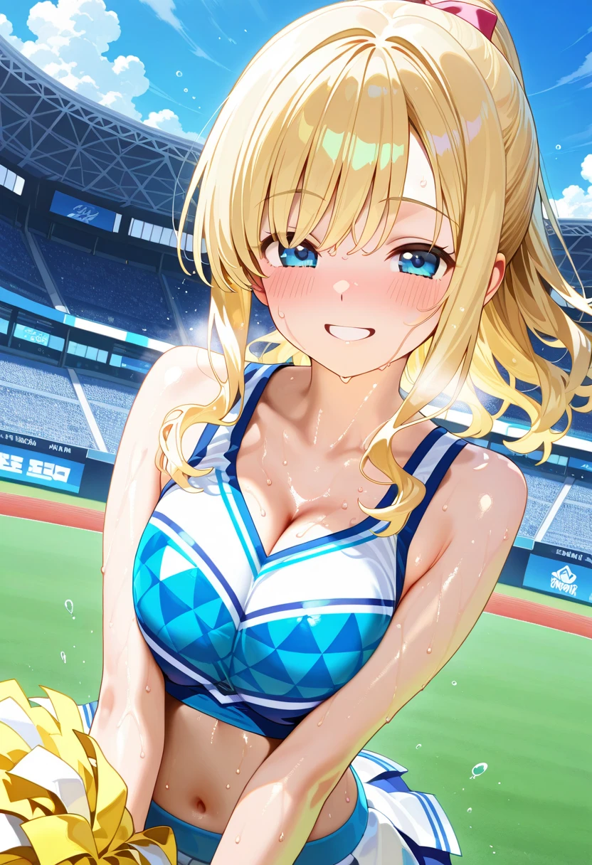 Masterpiece ,best quality , high resolution , (1 girl solo:1.38) , (mavis, long hair, blonde hair, (green eyes:1.5), ahoge, wavy hair, animal ears,) , (cleavage:1.2) , (medium breast:1.28) , (wear baseball hat , belly , navel , white sailor , bow , knot , stockings ) , (Cheerleading , pompon,Applause , 手拿著pompon) , (cleavage:1.15) , (big breast:1.1) , (face view , look at view ) , (outdoor , Baseball field,race,streamers,victory,celebrate) , (standing , Legs , thighs , cowboy shot) , ( full face blush , shy , smile , open mouth)
