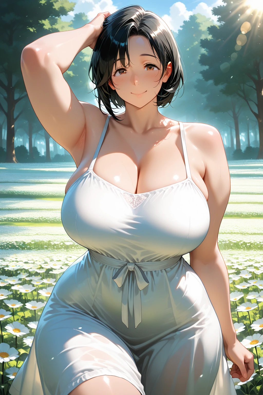 ((((highest quality)))), (((Ultra-precision CG 16K))), (((masterpiece))), (((Very detailed))), (((Extremely detailed))), (((Black outline:1.3, Written boundary depth:1.3 , Written soft outline))), Maximum clarity and sharpness,Multilayer Texture, Surface Shading, Cinematic lighting, Beautiful details sparkle ,Perfect Proportions, Limited to three woman, BREAK accurate, Anatomically correct, Highly detailed face and skin texture, drawn in detail, Highly detailed facial and skin texture, Detailed eyes, beautiful hair, Beautiful Japanese Idol face, Beautiful and beautiful eyes, Beautiful body, Beautiful breasts, Beautiful thighs, Beautiful legs, Beautiful fingers, (Beautiful views) , skinny body, ((Beautiful Skin)), ((Skin Texture)) BREAK breast enlarged, medium Breasts, rocket breasts, (((perky breasts))), (covered nipples), slender waist, (smiling , narrow eyes, blush, determined expression, hot, sweaty , Heavy breathing,) BREAK (((wearing oversized character printed sexy tank top, wearing outfit in casual way, wearing pleats mini-skirt, breasts is covered by outfit))) , wearing earrings, BREAK ( stick breast out),(((looking at viewer, super detailed background , cumulonimbus of summer sky, high school student standing quietly and put hands in the pocket at vivid green Vast grasslands , from random angles ))),