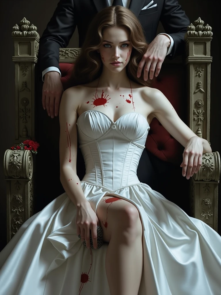 A gothic woman with white pale skin, a white dress, thigh high socks, high heels, is standing directly over a man lying down on the floor, lying with his back on the floor. The woman puts her foot over his face, the woman puts her high heel into his eye. Her high heel is inside his eyeball, it's deep into his eye. His eye is bloody, his face is bloody and beaten, his white shirt is . (((The woman puts her foot high heel into his eye)))