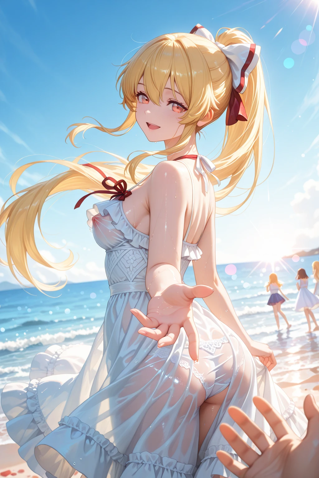 Eliase, catalyst, Yellow Hair, blue eyes, ponytail, Hair Ribbon, masterpiece, highest quality, High resolution, unity 8k wallpaper, figure, Beautiful fine details, blush, Glossy lips, Lips parted, Perfect lighting, Highly detailed CG, Perfect ???????, bikini, bikini skirt, Beach, Sitting (Bent knees)