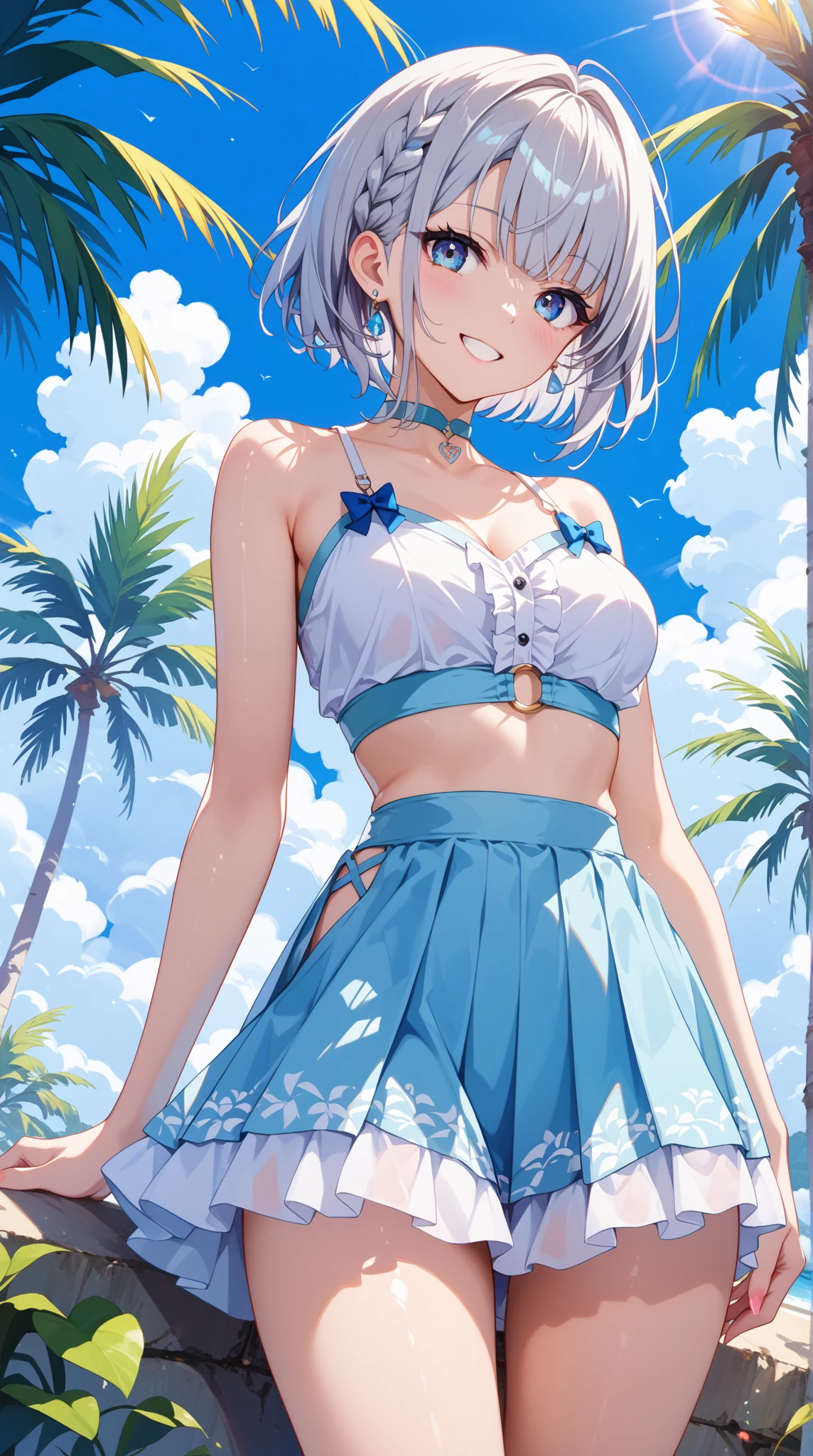 masterpiece, highest quality, High resolution, brown eyes、smile、swimsuit、In town、Blissful expression、short hair,blue hair, white skin、thick legs、,embarrassing,