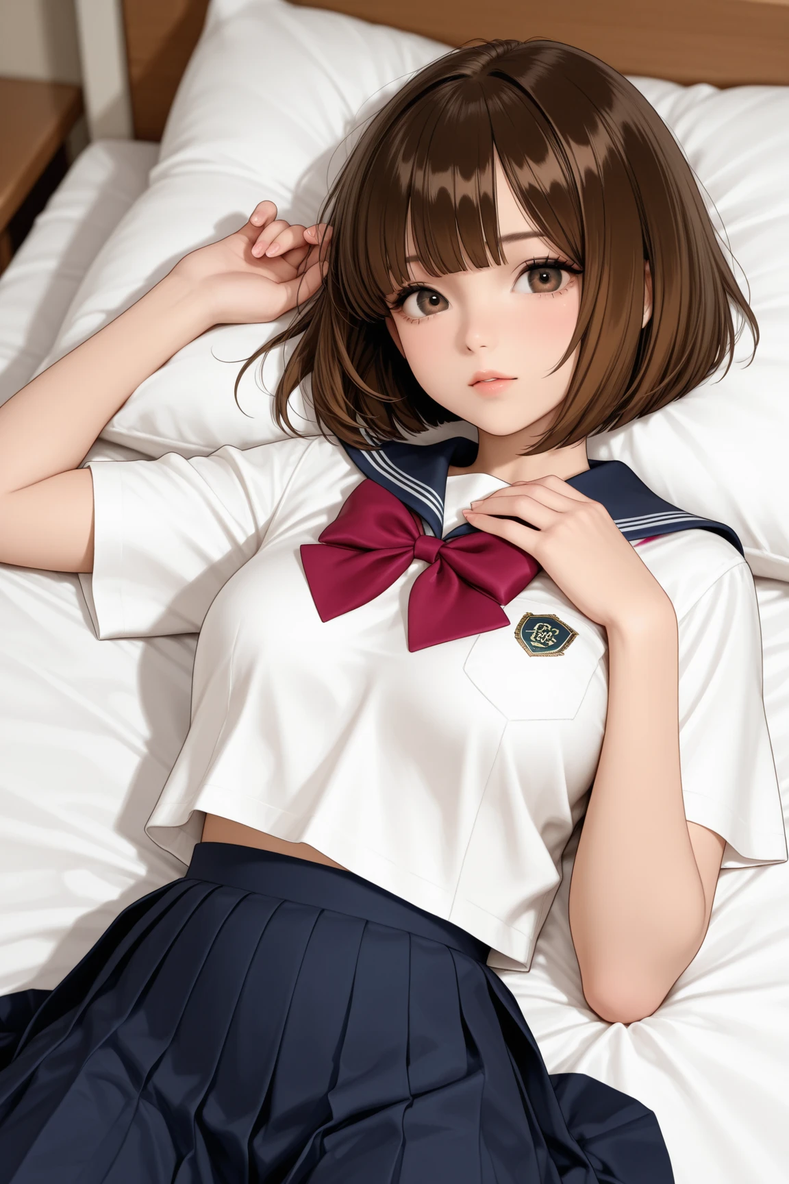 1girl, brown messy hair with white hairclip, white school uniform with black tie, black skirt, thick thighs, sitting on bed