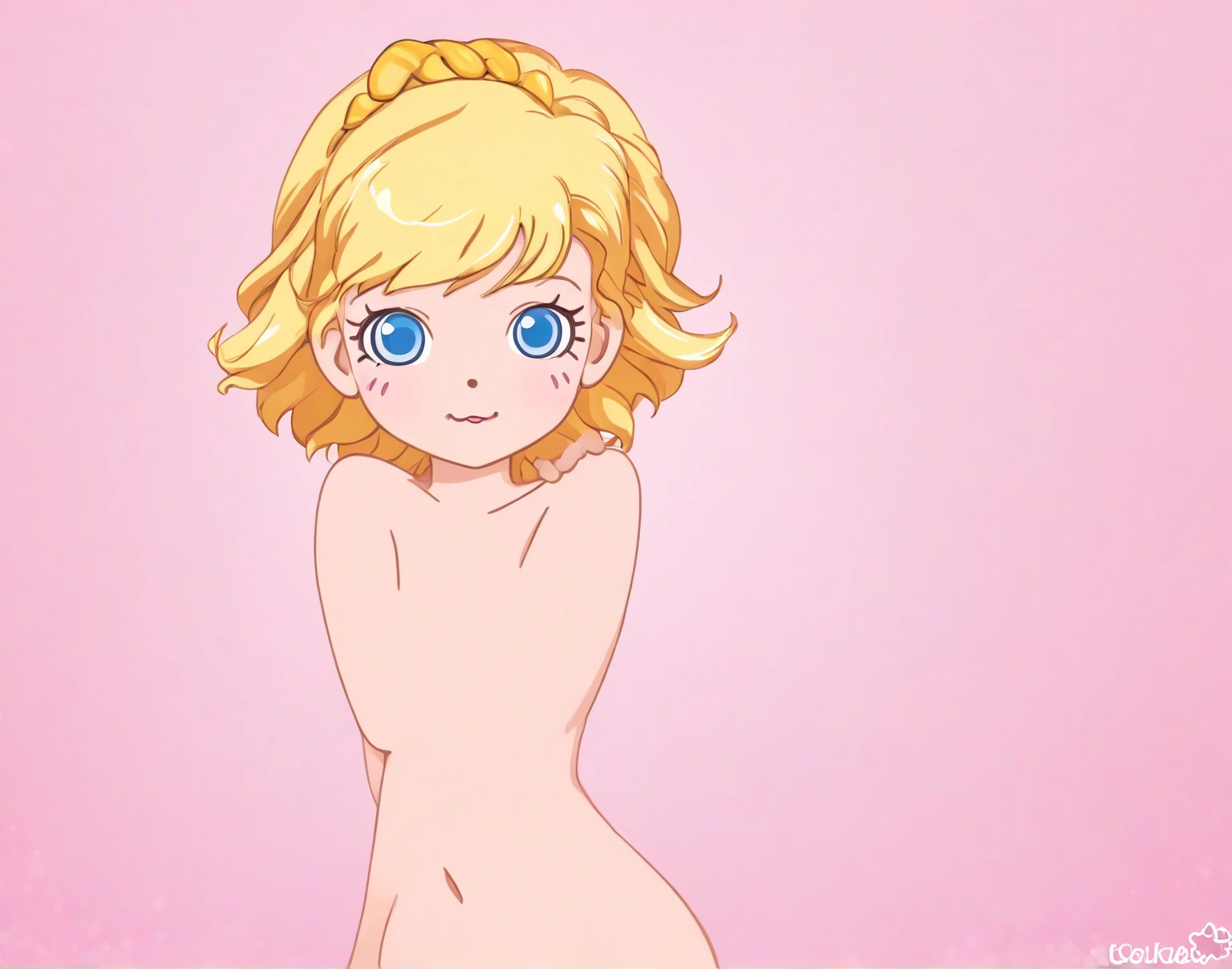 1girl, , solo, cowboy shot, looking at viewer, smile, pink ,  hinata yume, blonde hair, , curly hair, laying in bed, masterpiece, expensive quality, very_expensive_solve, big_file size, full color,(completely nude:1.2),pussy,niplles,(Loli kid),
