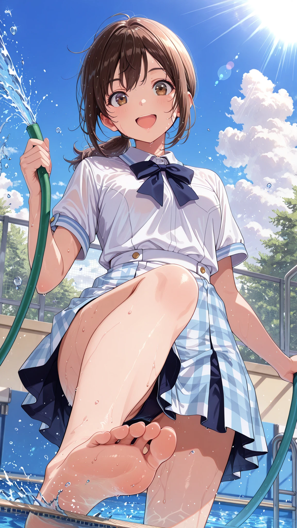 ((masterpiece)),Sexy small virgin girl, wearing school swimsuit, silky steaming , beautiful groin ,outdoor,crowded street,((see through)),nipples,((nipples visible)),((see through)),((spread legs)),mini skirt,((sukumizu)),((masturbation)),(touch own groin),small breast,brown hair,side ponytail,Wonderful precure,((nekoyashiki mayu)),pink eyes, chouchou,blunt bangs,
