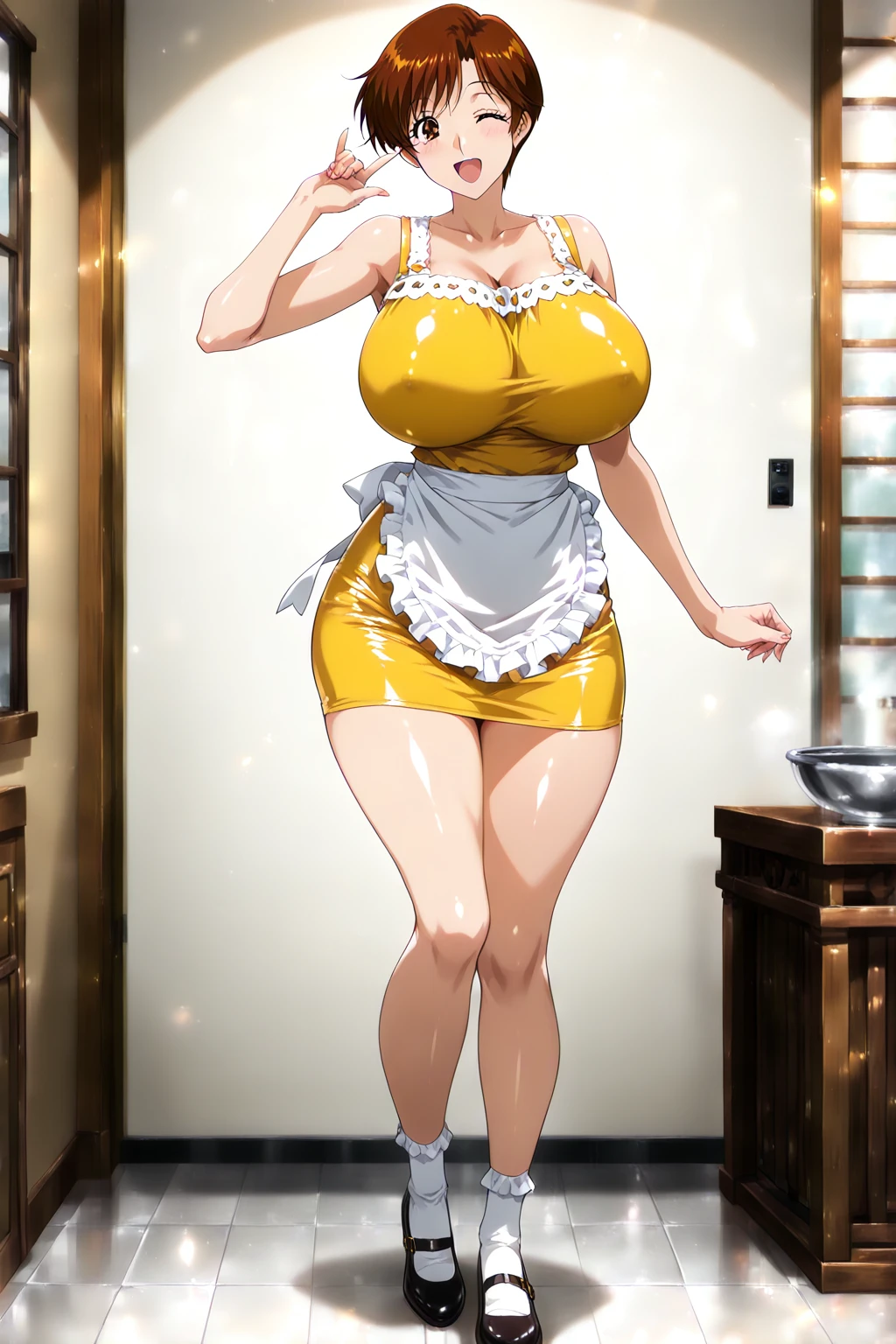 masterpiece, highest quality, High resolution, One girl, solo, sexual intercourse, Pornographic images, short hair, etsukoto, brown Eyes, fine grain, fine grain, (((Thick thighs, Plump thighs, Voluptuous thighs, Thighs alone are enough))), Huge and ample breasts, Cleavage, big long breasts, Naughty big,((big breasts are important))、((Naughty thighs)), L Cup, (thin:1.4),(Tight waist:1.4),  (yellow dress:1.4), orgasm, orgasm, closed eyes,((waist apron)),  white panty, (((Simple Background))), ((Wide Hips)), Shiny, Oily skin, Mature mother, Calf, Seductive mature woman, milf, Perfect body, Plus Size Model, curvy, ample, etsukoto, blush, clavicle, retro artstyle, 1990s (style), (thick thighs:1.4), ((Bare legs)), ((bursting breast)), firm breasts, (arms up:1.4), (from side:0.8),