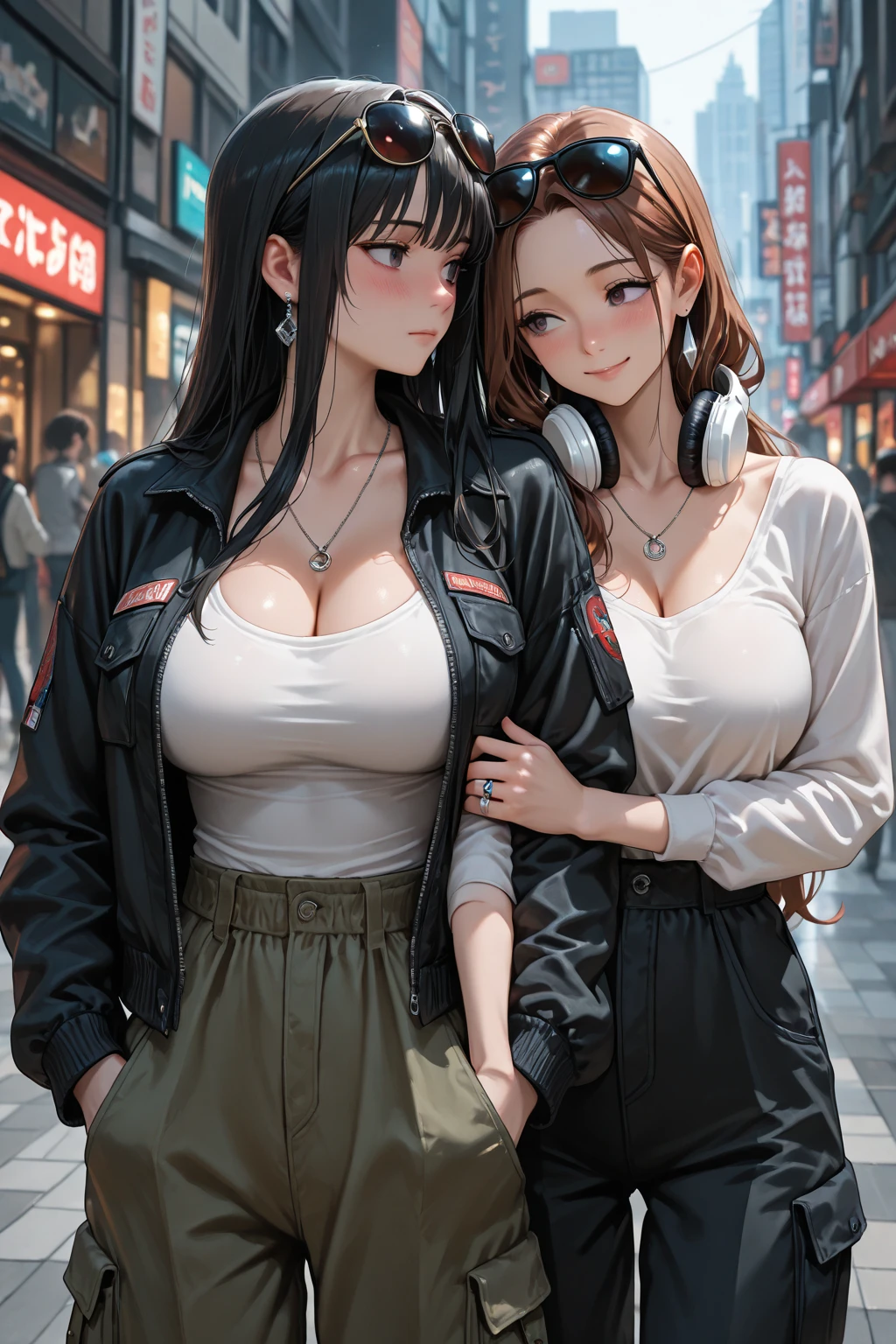 (masterpiece, best quality:1.4), (modern days), (cowboy shot), 1girl, solo, pov, sfw, stunning girlfriend, (standing:1.1), dynamic pose, (white oversized sweater, knit sweater:1.4), (Tight yoga pants, dark gray yoga pants: 1.4), (navy short jacket, spider clothes, denim jacket: 1.4), long blonde hair, bangs, heart-shaped face, elegant face, beautiful face, high detail face, high detail skin, skin pores, subsurface scattering, (blue eye details), realistic pupils, plump breasts, loving smile, looking at the audience, full blush, plump lips, holding a coffee cup, centered, coffee shop in background, city street, sunny day, wind, detailed background, depth of field, atmospheric perspective, volumetric lighting, clear focus, absurd, realistic proportions, good anatomy, (realistic, hyper-realistic:1.4), 16k HDR,
