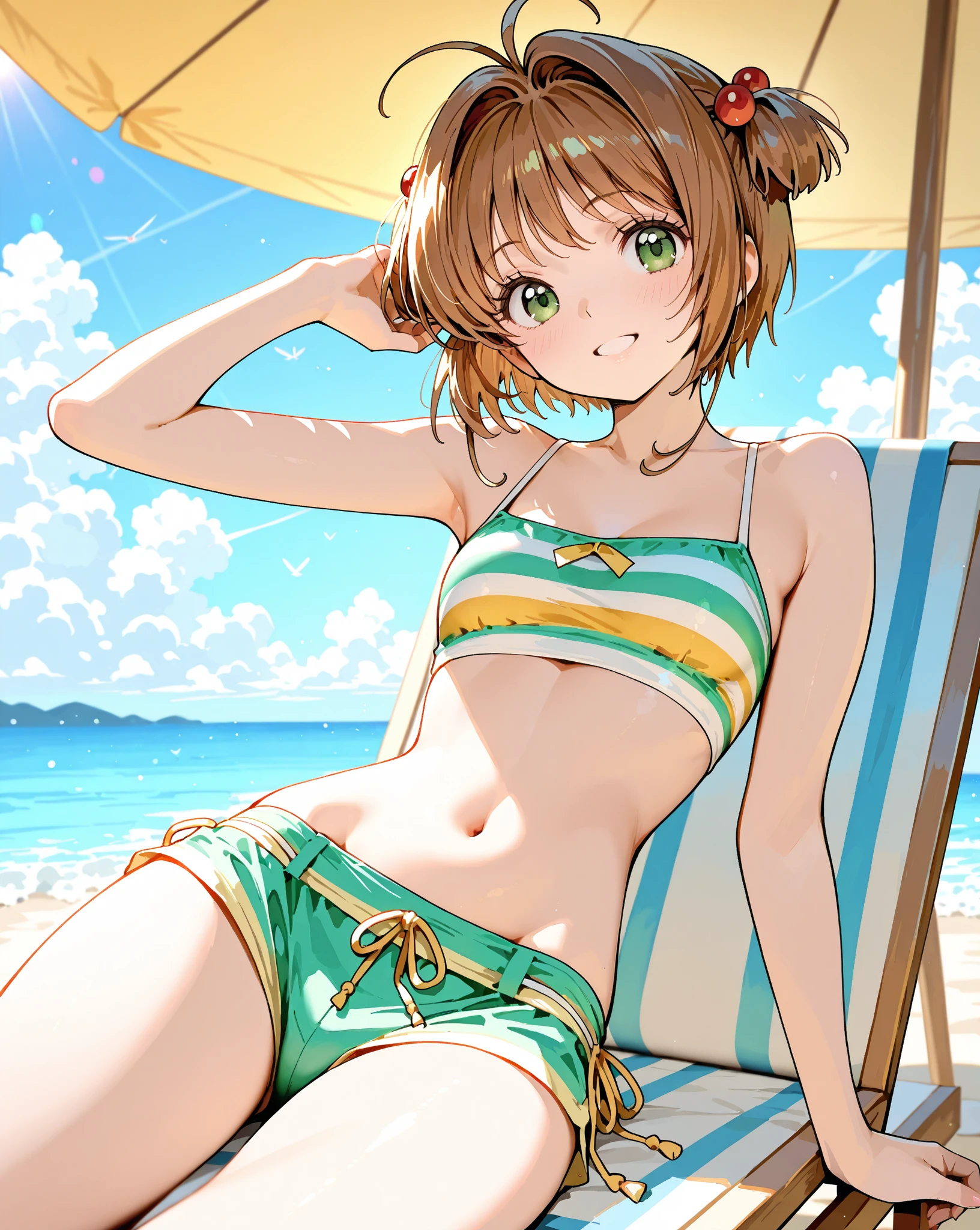 1girl, kinomoto sakura, beach, outdoors, solo, ass, school swimsuit, green eyes, palm tree, tree, brown hair, short hair, day, looking back, beach,open mouth,blush,small hip,crying face,antenna hair,get wet,flat chest