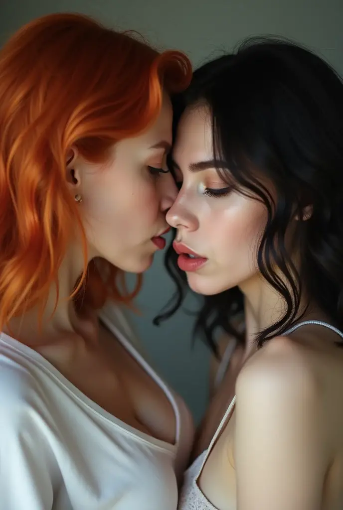 ultra realistic, photography, two girls: one with long straight red hair, (24 years old, hourglass figure, perfect body, natural medium breasts), the other one: long black straight hair, (30 years old, hourglass figure, perfect fit body, natural big breasts), they are naked, top down POV, sitting on the floor, they are french kissing with their tongues visible and a sticky white translucent liquid dripping from their tongue