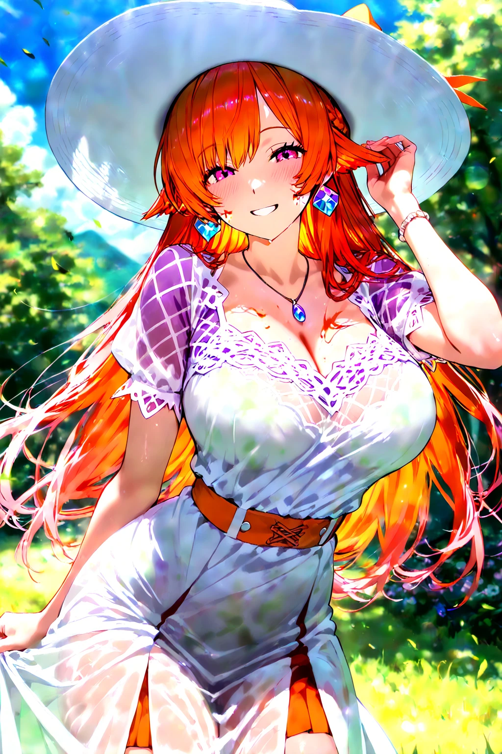 1woman, long curly pink hair, summer hat, make-up, blue eyes, sunglasses, red lipstick, serene face, yellow necklace, white summer dress with red heart print, yellow bracelet, red sandals, big breasts, big ass, flowers garden background