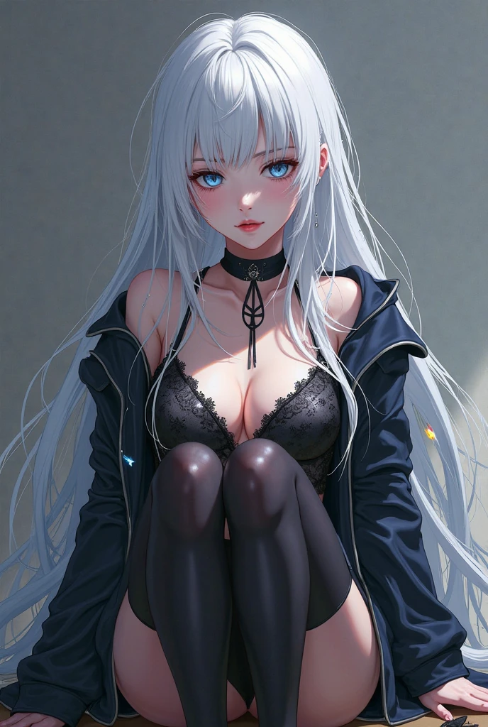 (top quality、masterpiece、very high resolution、Ultra high quality、High quality pixels)、perfect eyes, perfect face, alone，8k, Big breasts，(Detailed description of hair), (Detailed description of face),(detailed description of body), Fair and translucent skin, gorgeous, long legs, facing the audience, Professional photography lighting，white hair, bear ear, blue eye, black tight suit, cleavage, black pantyhose, black gloves, ssmile