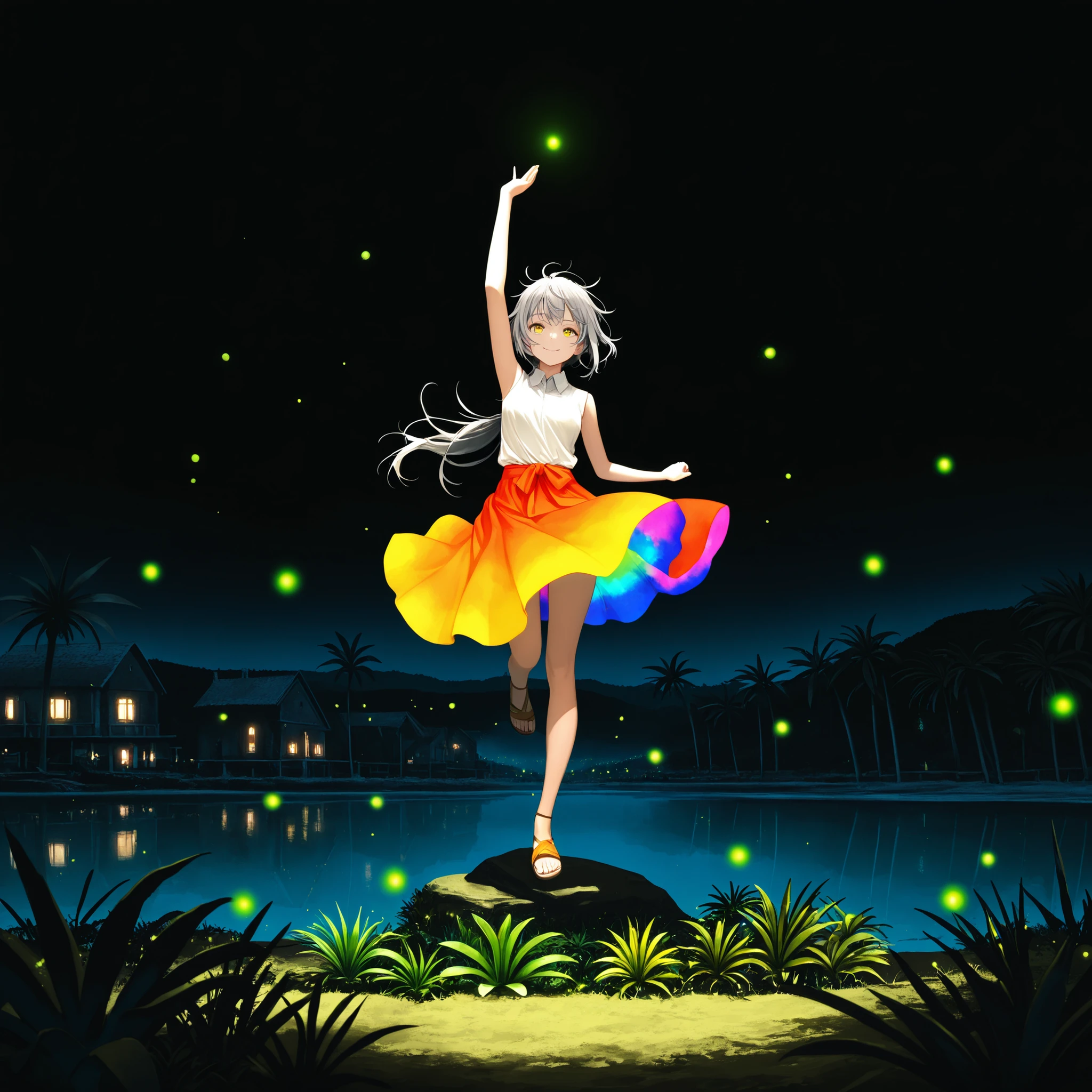 score_9, score_8_up, score_7_up, masterpiece, source_anime,1girl, full body, Limited Palette , black background, colorful ,glowing contours,neon, black light,detailedeyes,iris,dynamic motion, dynamic motion, close up, ((arm up, jump, tropical plants, fireflies)), messy hair, yellow eyes, smile, hair blowing in wind, upper body, long hair, gray hair, white collared shirt, sleeveless, shirt tied at front, colorful skirt, warm skirt, orange skirt, red skirt, yellow skirt, sandals, sunset, shadows, palm trees, lake, medieval houses, town, low ponytail,,graceful dance pose,beautiful facial features, warm lighting, dramatic chiaroscuro, high resolution,photorealistic, professional digital painting,cinematic,vibrant colors,dramatic shadows,ultra-detailed, 4k, lighting effect,