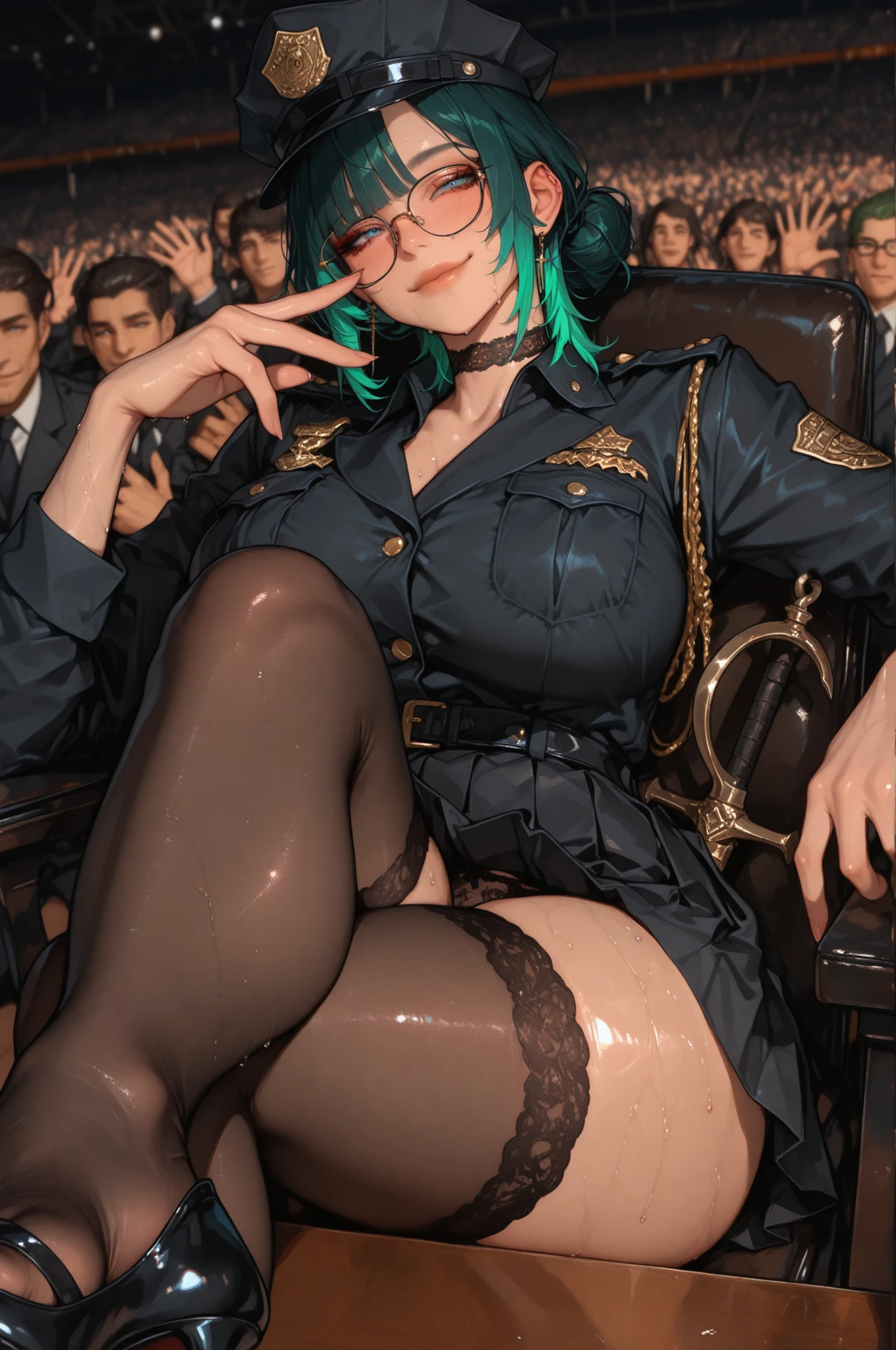 (pornography), (8k,masterpiece, top quality, best quality,beautiful and aesthetic:1.2,professional illustrasion:1.1,ultra detail:1.3,perfect lighting), extremely detailed, highest detailed, incredibly absurdres, highres, ultra detailed, intricate:1.6, (girl), beautiful, kawaii, beautiful eyes, beautiful hair, aquamarine eyes, cute rip, medium breasts, oily skin, ((brond_green hair)), ((blunt bang:1.2)), (braid ponytail:1.4), ringlets, off shoulder, black pantyhose, Black Choker, leather boots, very short length white shirts with open chest, very short pleated miniskirt, nsfw