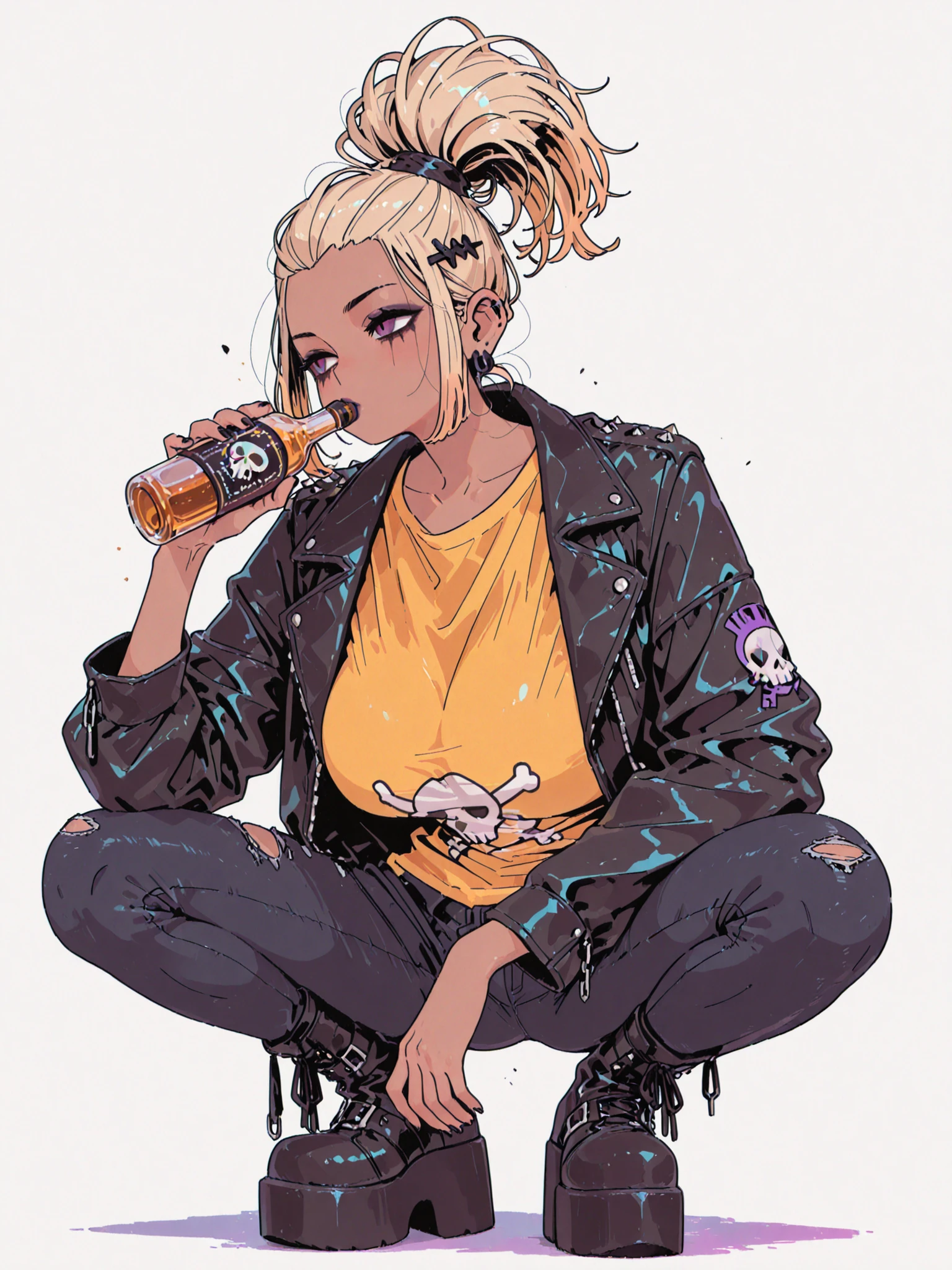 A tall punk goth girl with dark skin and striking goth makeup. She has a vivid blonde mohawk hairstyle. She's wearing a black leather jacket with metallic studs, chains, and skull patches, paired with tight black jeans and chunky platform boots. Under her jacket, a bold yellow t-shirt adds a sharp contrast, big breast. squatting, holding a liquor bottle in one hand. Textured white background with skulls.. Full body shot.