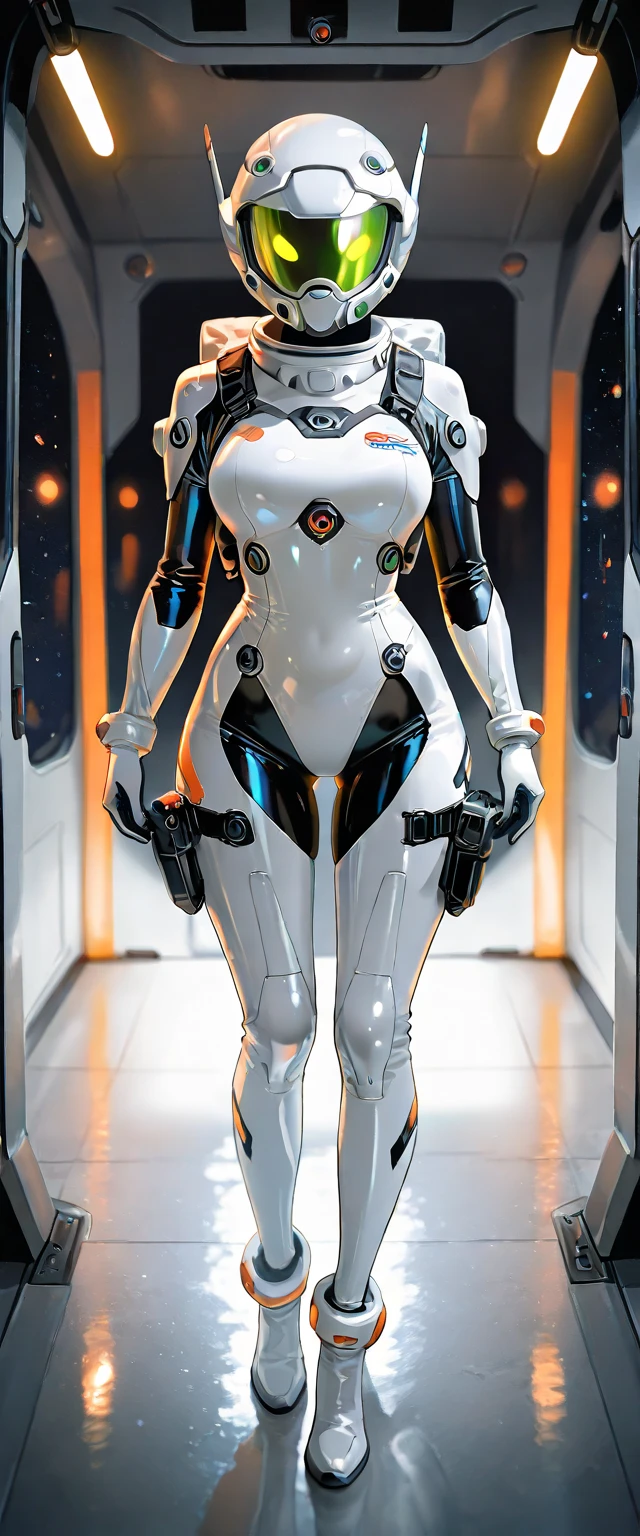 Dronificated unknown girl(10 years old) in a fully enclosed white latex fullbody suit with white lights across the suit and heart shaped glowing core in the chest, fully enclosed cyber helmet that cover her whole face and hides her identity with only two glowing white lines in it's otherwise, empty white face, flat chest, narrow waist, wide hips and thick thigs in a storage, no face, no hair, no mouth, no eyes