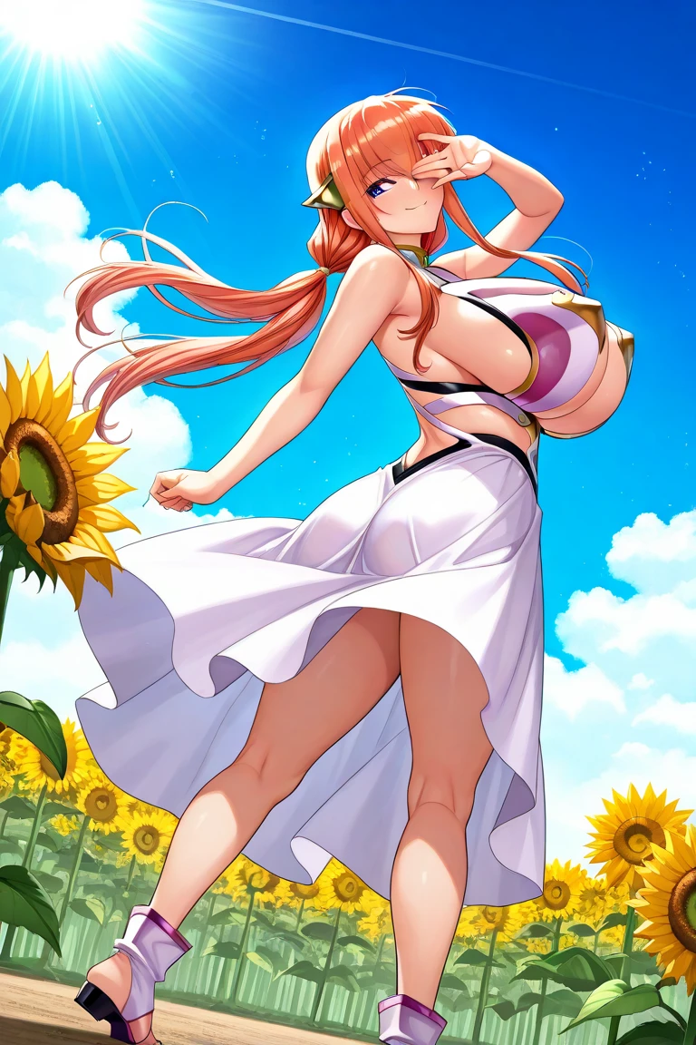 Huge BIG Chest Split Abs Thick Thighs Pleated Skirt Super Long Hair Blonde Red Eye Shadow Dark Skin Kunekune, oil painting, ultra-detailed, vivid colors, professional, portraits, HDR, studio lighting, sharp focus, physicially-based rendering, long-legged, fair-skinned, gentle smile, subtle blush, elegant pose, surrounded by colorful flowers, golden sunlight, dreamy atmosphere, flowing breeze, vibrant background, delicate features, graceful movement, captivating expression, clear complexion, fine details, high cheekbones, defined jawline, slender waist, alluring beauty.Tank top big breasts Ponytail Black hair