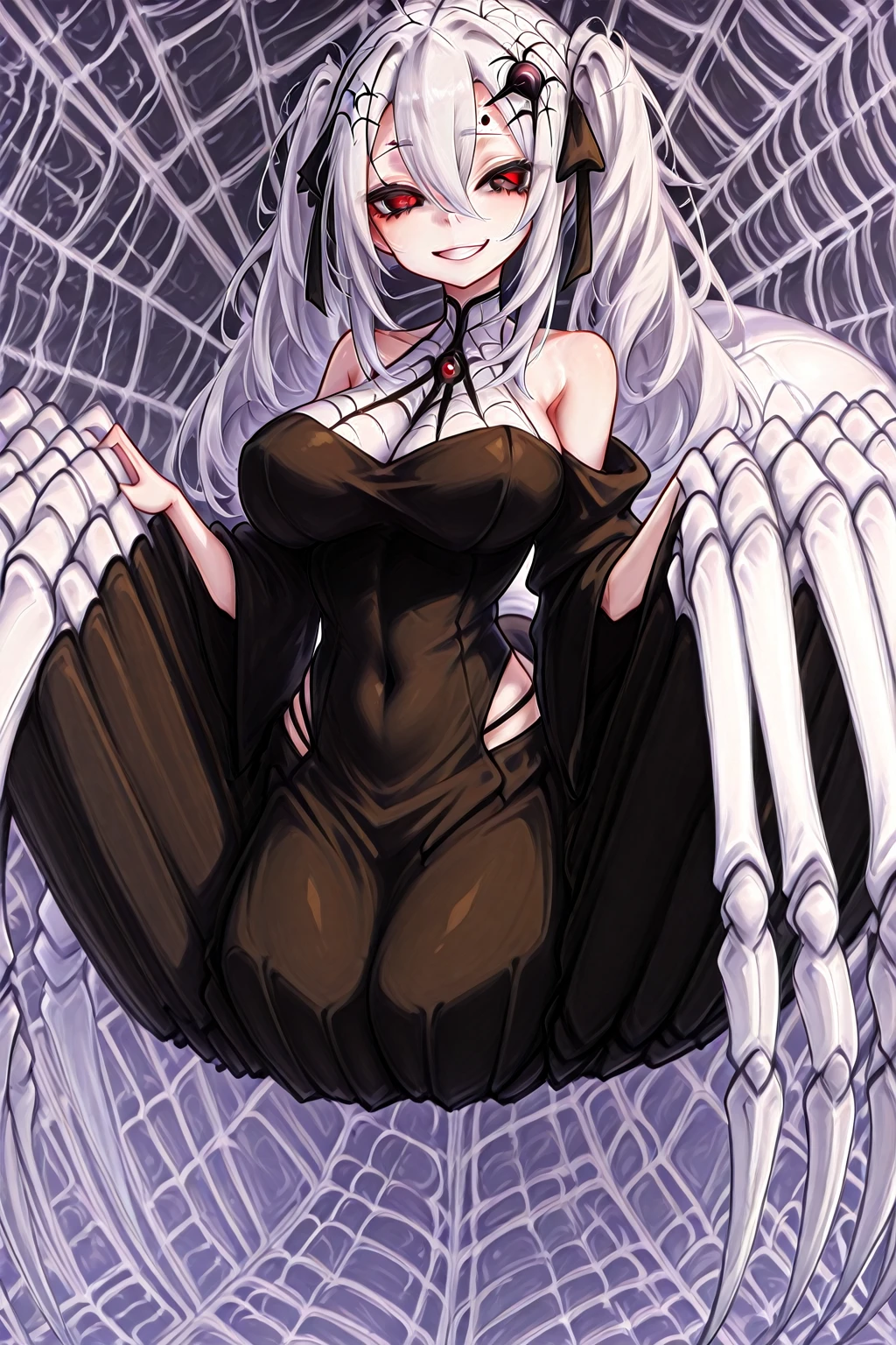 masterpiece, best quality, 1girl, solo, looking at viewer, Darkness, length hair, floating hair, blonde hair, large breasts , breasts out,  (arms behind back:1.4), hanging,spiders in the web,long spider, desperate，struggle, entangled, embarassed face, despair,cocoon, blushing face,