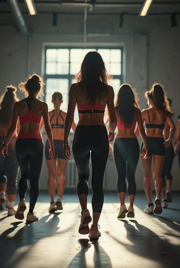 High school girl runs naked around the gym, where there are a lot of people in sports clothes and peeing in gray sports shorts