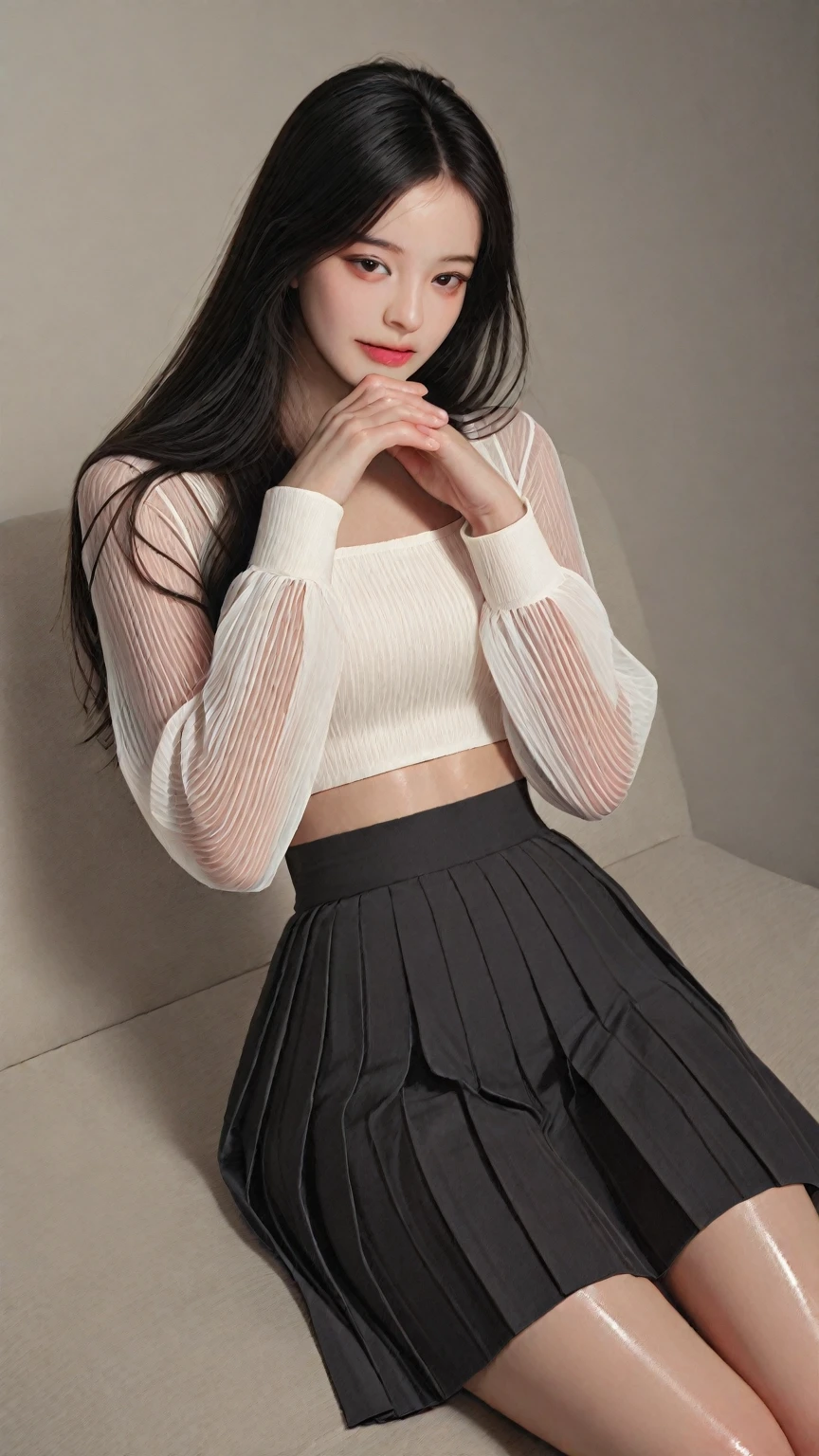 (masterpiece:1.3), (8K, Photorealsitic, Raw photography, Top image quality:1.4), foco nítido:1.2, Beautiful woman with perfect body:1.4, middlebreasts, ,Colossal tits、White blouses、pleatedskirt、Short skirt that can't hide panties、,(((Young fashion woman wearing white sweater and black pleated mini skirt)))、(((Small panties digging into the crotch)))、White transparent small panties、(Pubic hair shows through:1.5)、Highly detailed facial and skin texture、A detailed eye、FULL BODYSHOT、(((Panties that dig into the crotch)))、Dark pubic hair 1.5、pubick hair:1,5、sexual excitement、 expressions、shinny skin、((Functional))、Poses variadas、Shot from a little below、Pro lighting、