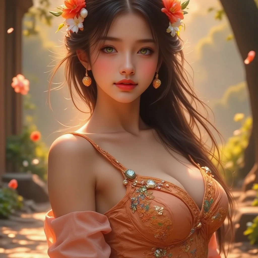 (best quality,ultra-detailed,realistic:1.37),vivid colors,professional,beautiful detailed eyes,beautiful detailed lips,long eyelashes,confident expression,slightly tanned skin,natural makeup,standing in a blooming flower garden,colorful flowers surrounding her,soft daylight illuminating her,gentle breeze blowing her hair,flawless complexion,graceful posture,sensual aura,alluring smile]
