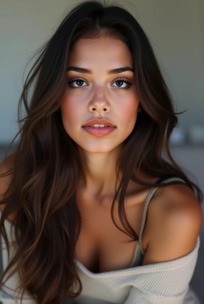 Realistic portrait of a beautiful 1 girl with Latin features, Lightly tanned white skin with a beautiful tan tone, Brown eyes, long dark hair.  delicate facial features, Thin and thin lips with realistic texture, beautiful girl model body. regular well formed tits, detailed facial features. ultra realism, maximum resolution, masterpiece. extremely detailed skin, professional photography. white background in professional studio, Professional lighting that highlights the details, pores and skin textures. 