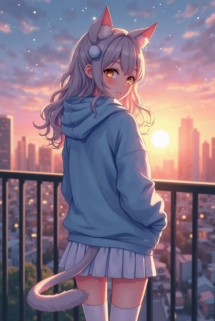 Sweater, anime girl, balcony, skyscraper, sunset, detailed, pink eyes, tall white hair, curly hair, panties, blushing, smiling