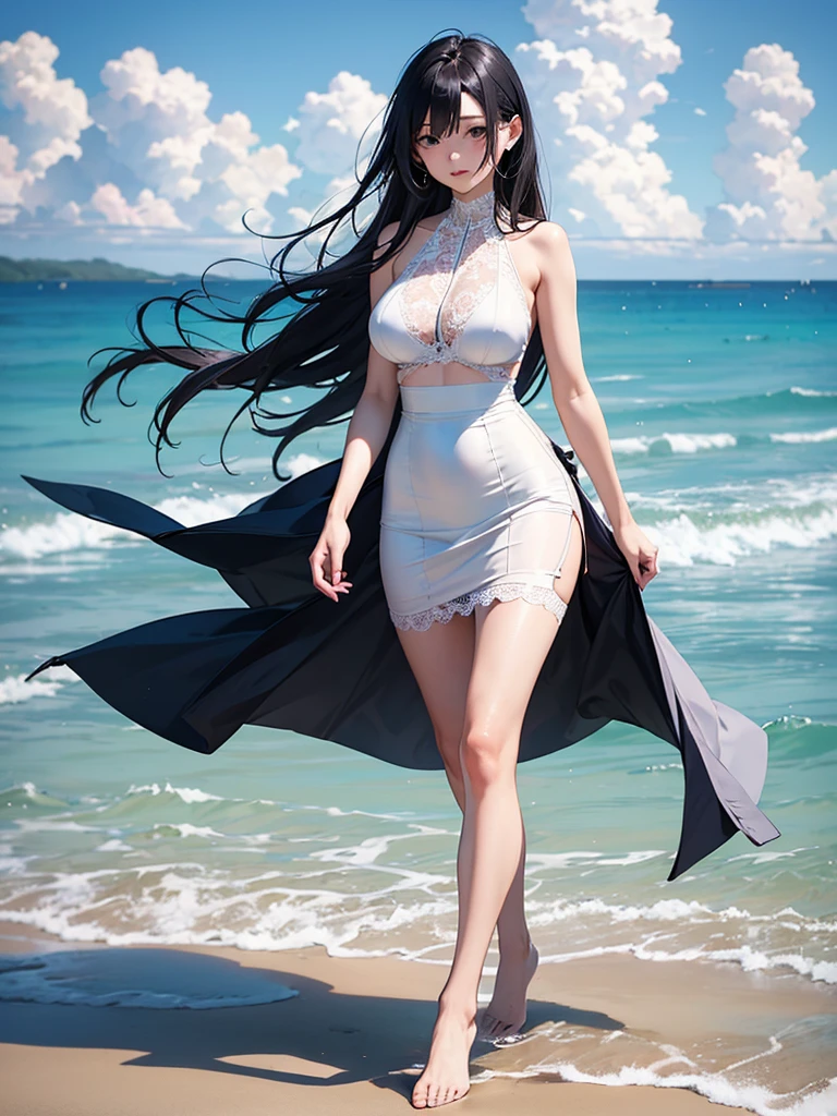 full hd 8k, Girl standing in front of a dark night scene, full moonlight reflecting on her beautiful face. Her long, silky hair was gently blown by the night wind, creating a gentle and romantic feeling. She is walking on a large beach. She looked up at the starry sky, as if searching for something, her eyes showing a pensive and lonely look. The full moon shines in the night sky creating a beautiful scene. The girl has long, silky hair, creating a luxurious and noble beauty. The moonlight shines on the girl's delicate face, highlighting her large, round light brown eyes, creating a natural, gentle beauty. She wore a little sexyly red dress to create a sexy beauty. Her plumble breasts were exposed, revealing her plumble and extremely sexy breasts. These images capture detailed panoramic portraits and views of the sky and sea. All create a beautiful, wonderful picture that makes people unable to take their eyes off the scene. All of these details are depicted clearly and sharply, creating sexyly poses,