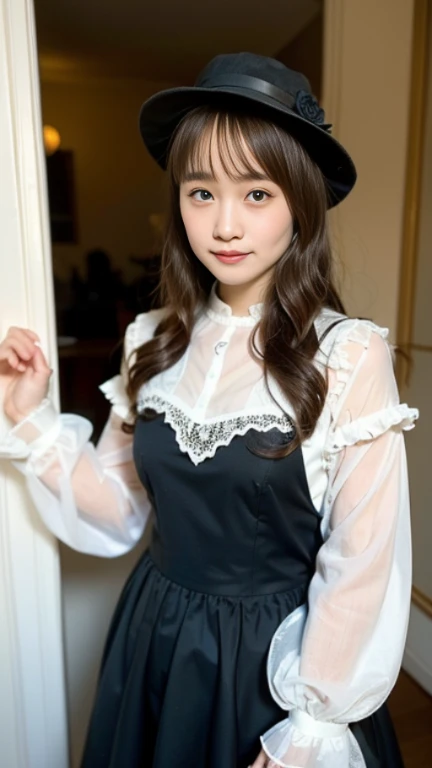 masterpiece, Best Quality, Illustration, Ultra-detailed, finely detail, hight resolution, 8K Wallpaper, Perfect dynamic composition, Beautiful detailed eyes, Tight Mini,Medium Hair,large breasts,Natural Color Lip, Randomly sexy poses,Harajuku、20 years girl、Cute、Sexy shot looking at camera,Cute long-sleeved dress,Slender face,Slender body,Background blur