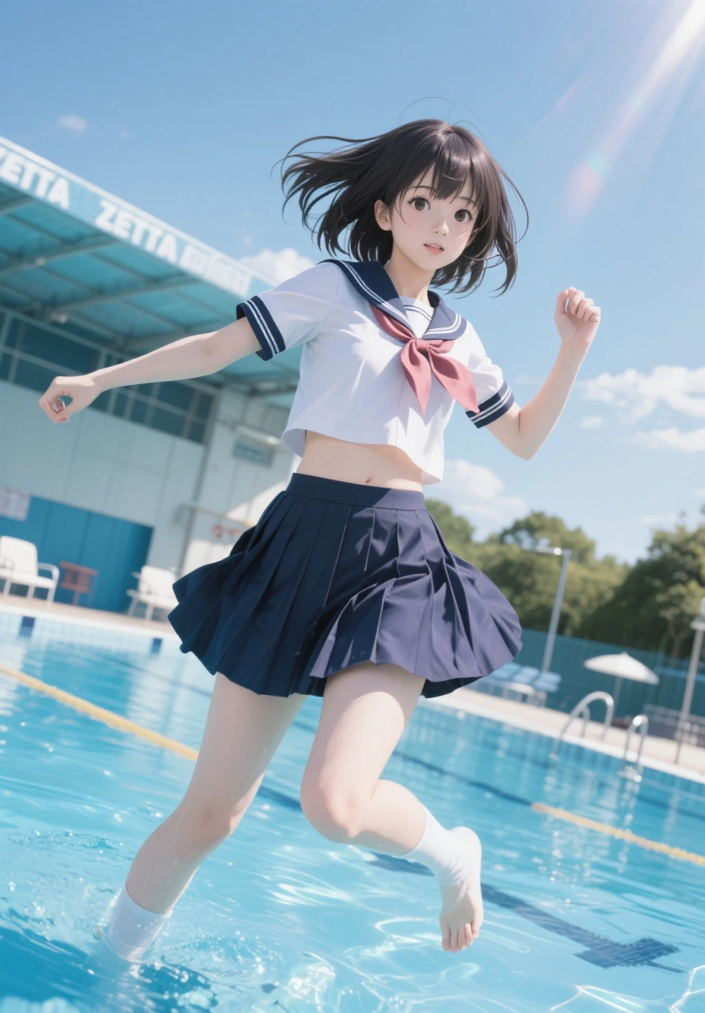 A very cute elementary school girl, around 10 years old, is swimming in the sea. She looks like she’s having a great time.