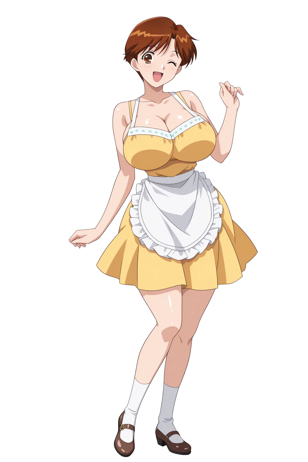 masterpiece, highest quality, High resolution, One Girl, alone, alone, sexual intercourse, Pornographic image, short hair, etsukoto, fine grain, fine grain, (((Thick thighs, Plump thighs, Voluptuous thighs, Thighs are enough))), Big and ample breasts, Cleavage, Huge long breasts, Naughty big,((Big breasts are important))、((Naughty thighs)), L Cup, (thin:1.4),(Tight waist:1.4), (yellow dress:1.4), ((white waist apron)), Embarrassed look, open mouth, White panties, (((Simple Background))), ((Wide Hips)), Shiny, Oily skin, Mature mother, Calf, Seductive mature woman, Perfect body, Plus Size Model, etsukoto, blush, clavicle, retro artstyle, 1990s (style), (((nipple grab, topless))),