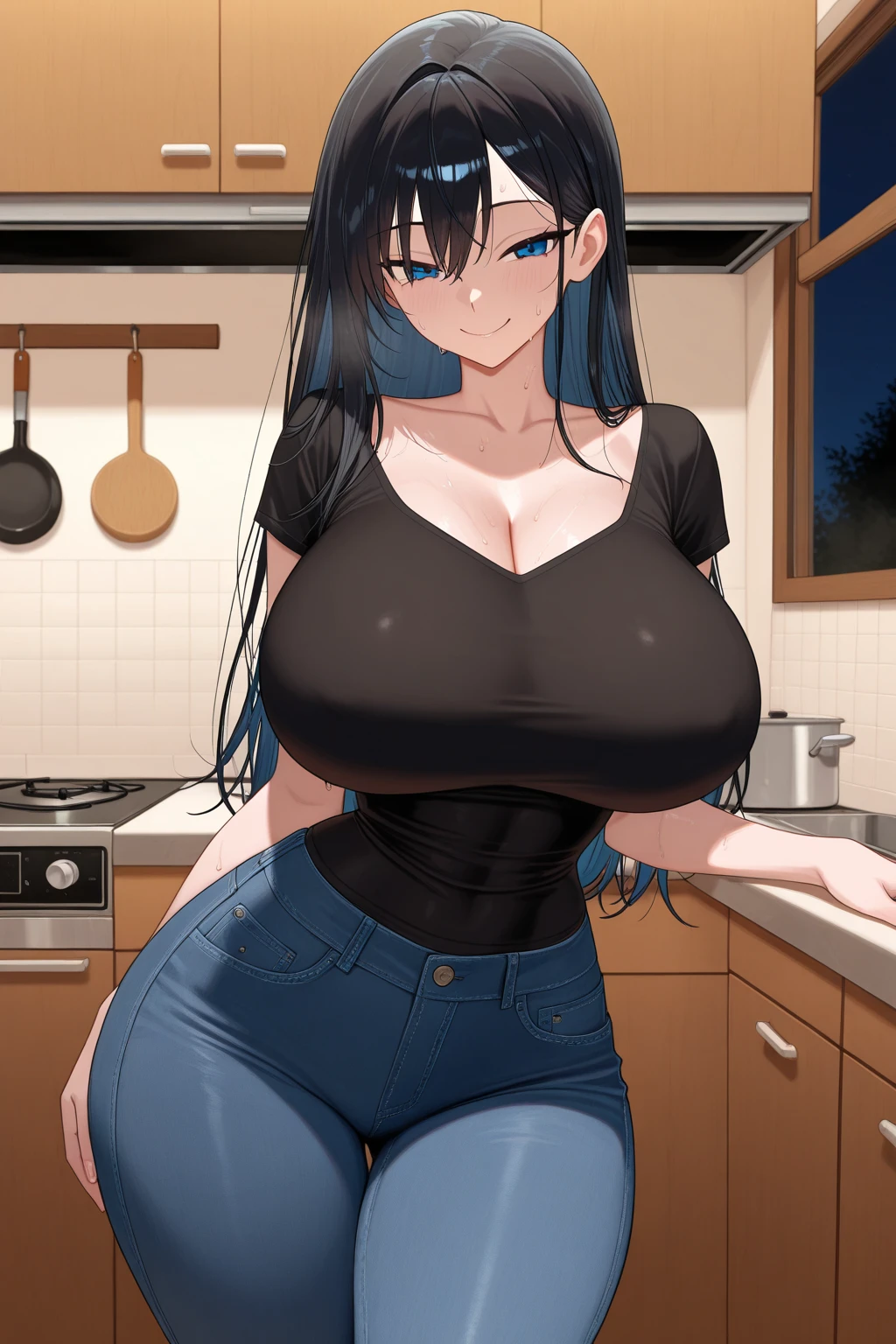 masterpiece, best quality, (realistic), 1girl, solo, mature female, milf, motherly, forehead, older, 30yo, huge breasts, narrow waist, wide hips, curvy, wide hips, straight hair, long hair, high ponytail, dark hair, dark eyes, black t-shirt, cleavage, short sleeves, jeans, denim, standing, hands on hips, looking at viewer, smile, kitchen