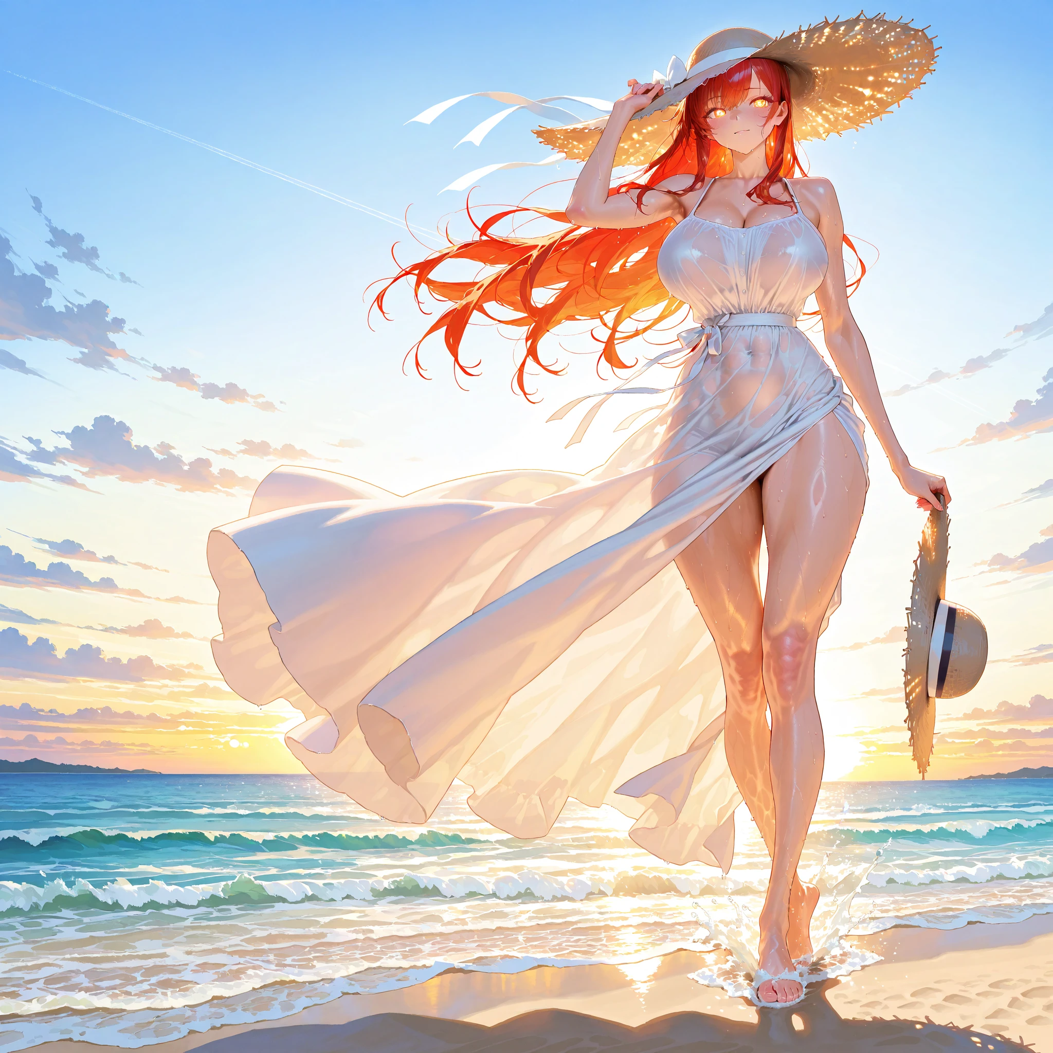 "(((realism))), ((((foto_atual)))), taken from real life, with (cabelos_vermelhos) red hair, posing sideways, looking at the camera in a flowing dress over the rocks on the beach."