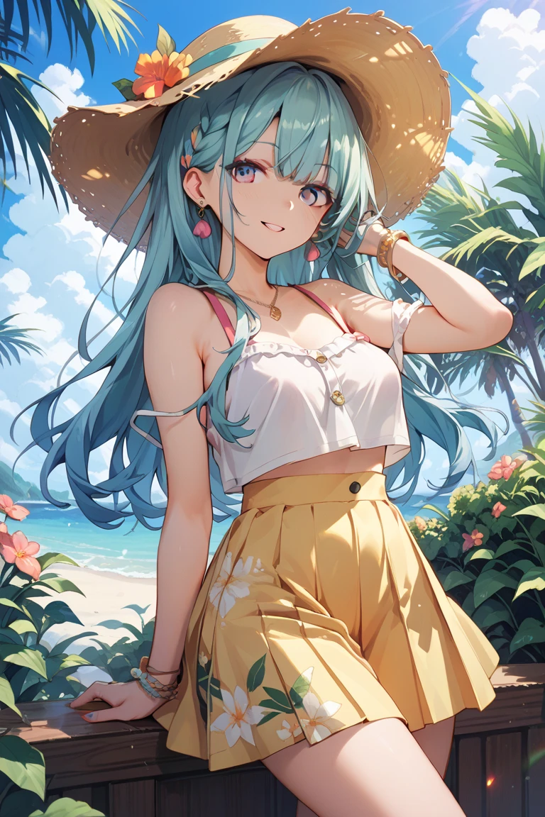 (highest quality, masterpiece, High resolution)、(concept art)、anime style、 reality、beautiful japanese woman、(1 woman)、18-year-old、(put your hands on your hips)、(Detailed depiction of a beautiful face)、smile gently、small breasts、slim body shape、medium short hair、semi-long、bun hair、Wet 水着、bikini、モノキニbikini、A pareo skirt with bold ethnic patterns and plenty of primary colors、realistic skin、Wet、full body、No zoom、No close-ups、cinematic light、Tropical shades、((blank background))、((white background))、