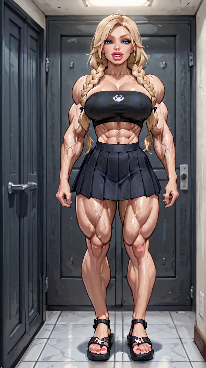 (masterpiece, HI quality: 1.1) 1girl full body standing good face, nice ass, hairstyle: braid, Color Hair: blonde long hair, Blindfolded: NO EYES, Skin: White (porcelain skin, sparkly skin), muscular, thighs, Mature woman, Abs, looks at the viewer smiling, extremely huge breasts, maternal, chest cover with clothes (Yor Forger - Spy x Family)