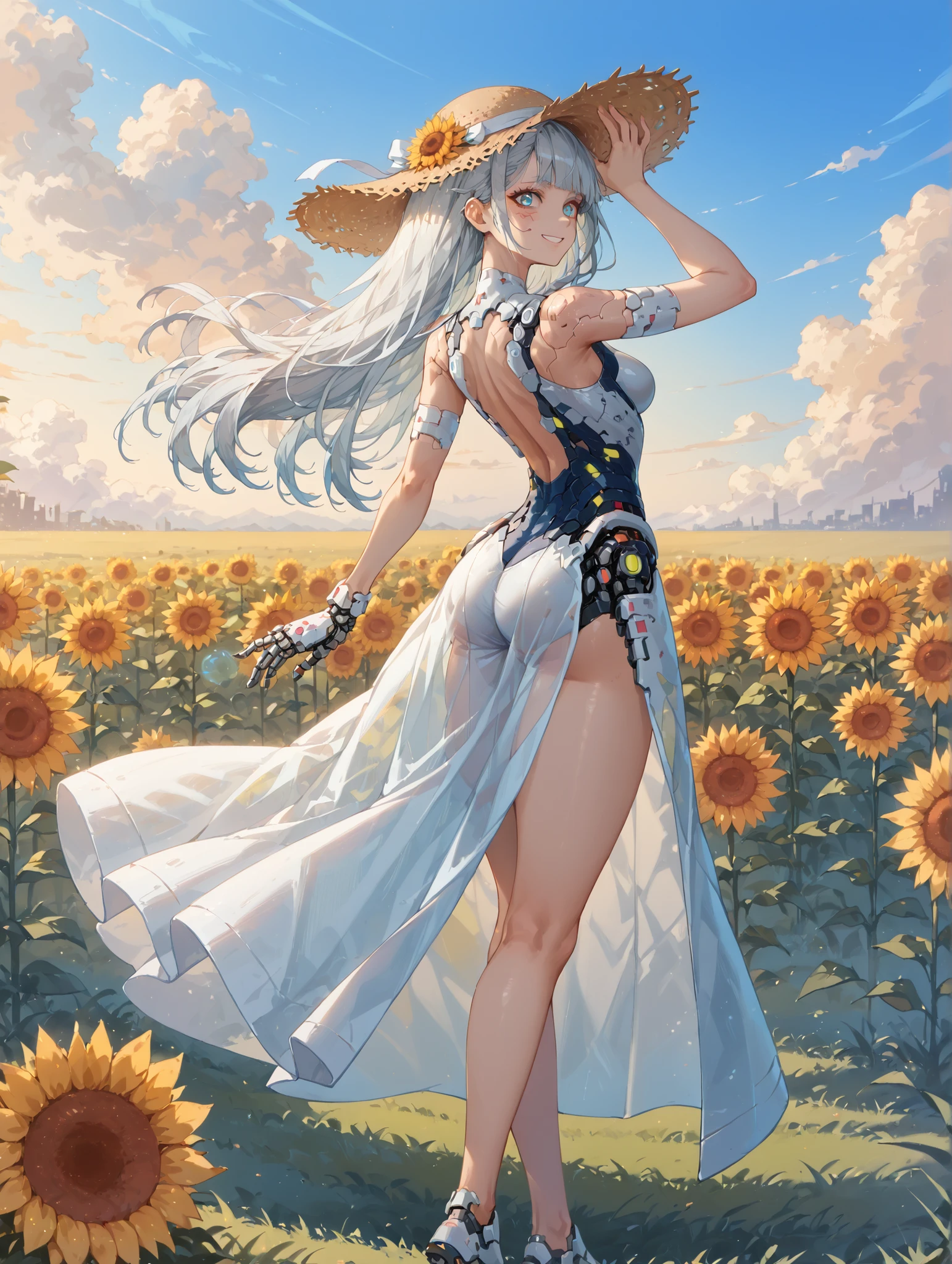 For Mechanical Sides、High Quality、anatomically accurate、 android girl、gray hair、detailed body , Cyberpunk Shiny White Armor, very sexy 、my skin is white, layered, Display of internal mechanisms , mechanical body、big boobs, thin waist, Mechanical arm、Nice legs, mechanical foot、nice thighs、white skin、big boobs、Stylish Body、Polished Skin 、Wings of Shining Energy、Wear a pure white summer dress, Big Straw Hat, A vast field of sunflowers, Nyudo Clouds Floating in the Blue Sky, Bright Summer Sunlight, Smile Yan, long flowing hair, Fresh Summer Scenery, Warm Colored Scenery、showing the back、Looking Back、Hold down a hat that seems to be blown away by the wind with your left hand