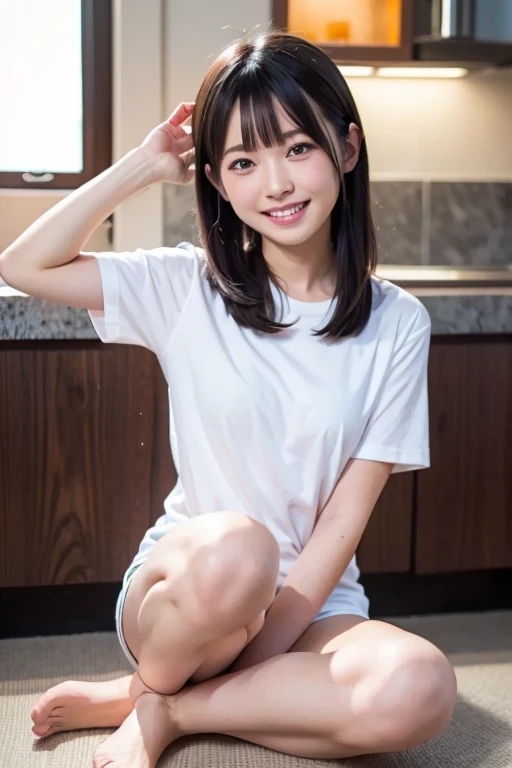 {Highest quality}、{so beautiful}、{Highest quality}、{Best illustrations}、super high quality、Japanese Girls1people、Casual clothing、mini skirt、Green panties、Attractive thighs、Spread your legs wide、Open your chest wide、Face of joy、Small breasts、smile、No underwear、Sitting、Raise one leg、No underwear、Fold up the hem of the skirt a little