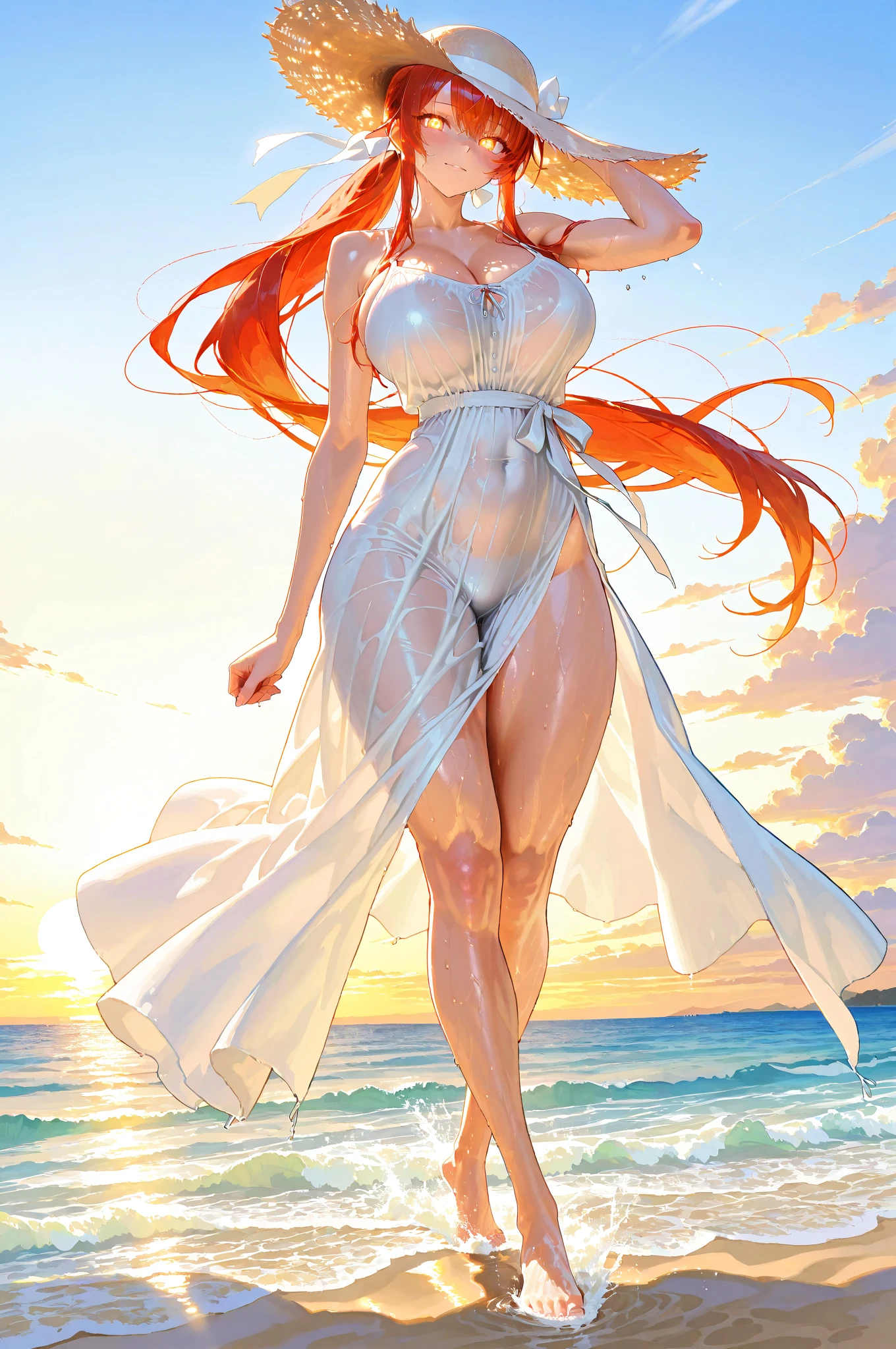 (A beautiful 25 years old female greek maiden bathing near a lake), (long red hair), (pale skin), (detailed oily and sweaty appearance), (serious face), (wearing white colored revealing and see-through wet greek maiden outfit), view from front, waist up shot, alluring pose, ambient lighting, photo realism, intricate face detail, intricate hand details, highly detailed, vibrant colors, cinematic, high definition, trending on Artstation--style raw
