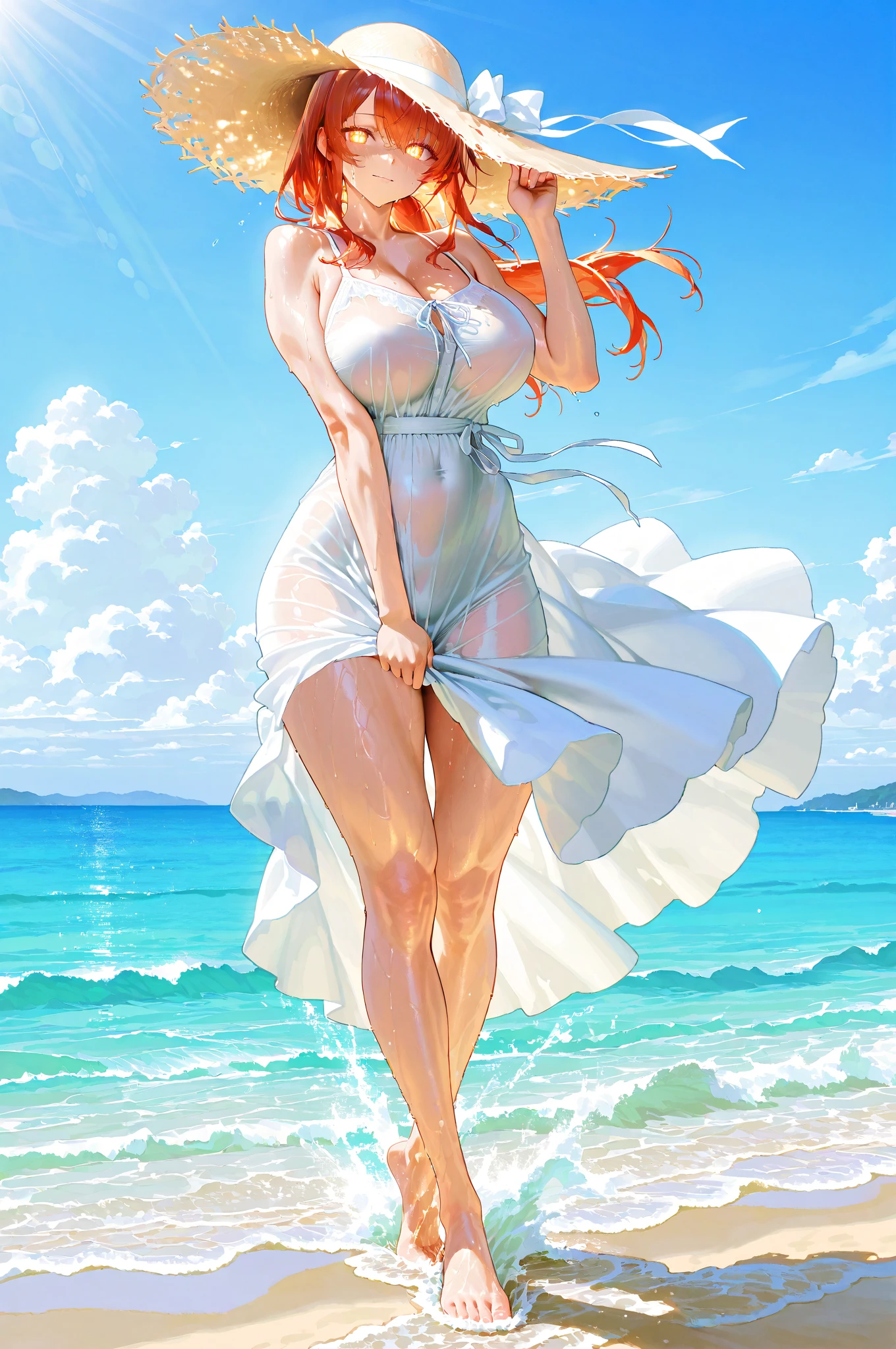 a portrait of a bride surfing the waves, on a sunny day in ocean, an exotic beautiful bride,   ((anatomically correct: 1.5)) ultra detailed face, dynamic hair color, dynamic hair style, dynamic skin complexion, (best detailed face: 1.5), busty wearing intricate, elegant bride's dress, glamour bride dress, barefoot, she is surfing an (surf board: 1.3) she surfs a massive wave, sunny day, sun rays, some clouds, wavy ocean background, vibrant, Ultra-high resolution, High Contrast, (masterpiece:1.5), highest quality, Best aesthetics), best details, best quality, highres, 16k, (ultra detailed: 1.5), masterpiece, best quality, (extremely detailed) RAW, (ultra details, Masterpiece, best quality), Dark Art Painting Style, ba11g0wn, Cinematic Hollywood Film