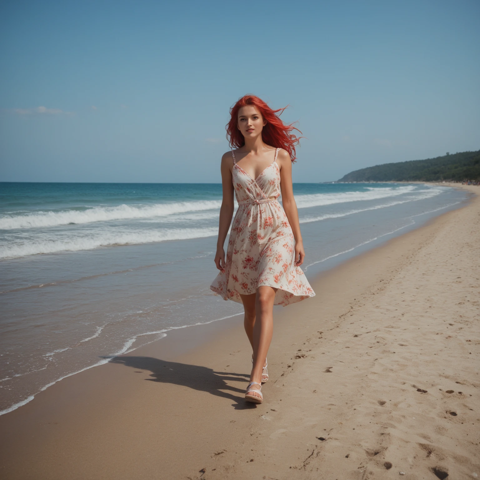 portrait, her name is Mia, high quality, 1 old woman, ((40-year-old guitar shaped body irish woman)), (((40 years old))), ((guitar shaped body)), wide hips, (wrinkled body), (old body), (((red hair))), (pale skin), ((green eyes)), she is wearing a crochet skirt and top (different colors), POSE: standing, BREAK, BACKGROUND: outdoor: tropical beach at dawn, pastel sky, gentle waves, soft light, seashells, palm trees, boats