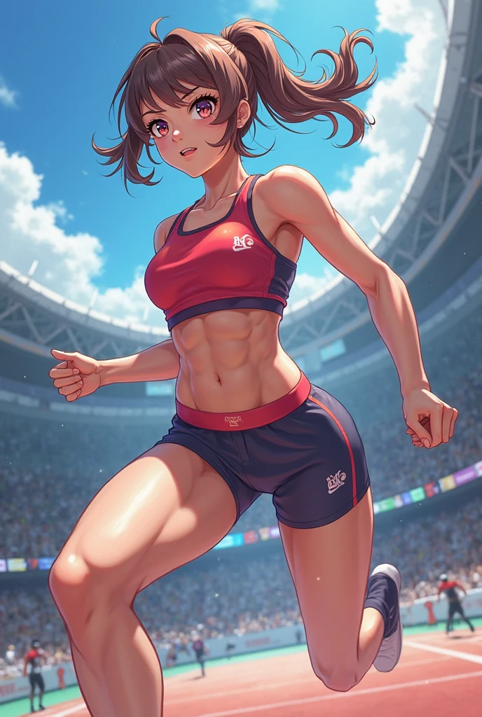 (Digital Painting),(Best Quality), 1girl in,track and field　uniform,Charming face,small head,big beatiful eyes,Large breasts,Trained abs,nice legs,wet skins sweat,track and field,