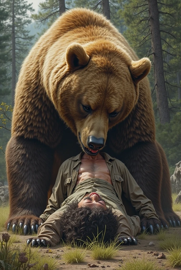 A hyper realistic, ultra detailed image, ((((((human)))))), ((((nude, rear view, feral, women on feral bear, human head, bear pussy, bear tail, bear anus, crouching on all fours, human women, duo))))), realistic, detailed background, (((((duo, bear pussy, women, feral bear, bear tail, crouching on all fours, hands on butt, excessive urine, scat in mouth, excessive anal scat)))))