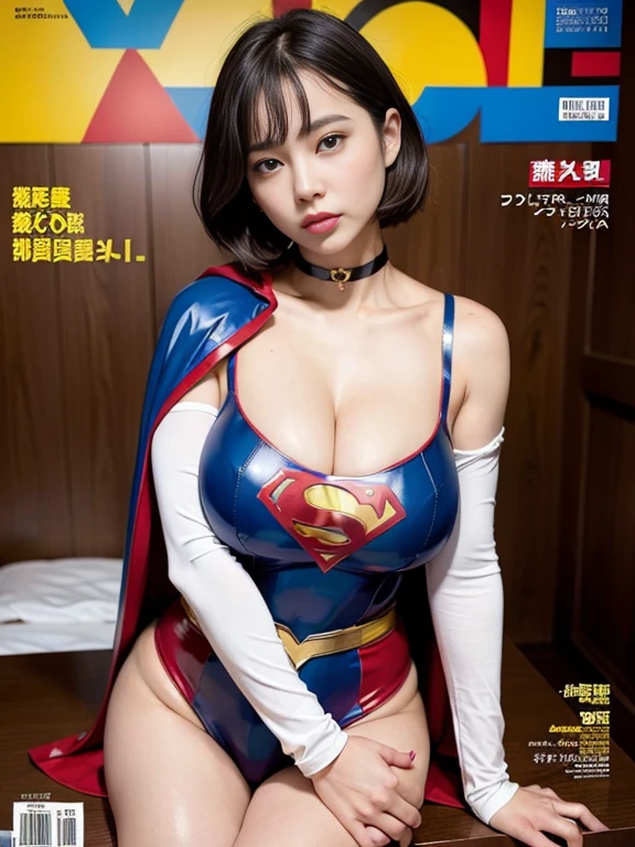 masterpiece、Enamel Supergirl Costume、short hair、Patent leather long boots、Big and ample breasts、shiny sweaty skin、looking at the camera、choker、Long sleeve、Sexy poses to seduce、Off the shoulder、latex、from right in front、athlete、Racing Bloomers、Red Cape、Muscle training、Leg spread、Photo magazine cover、