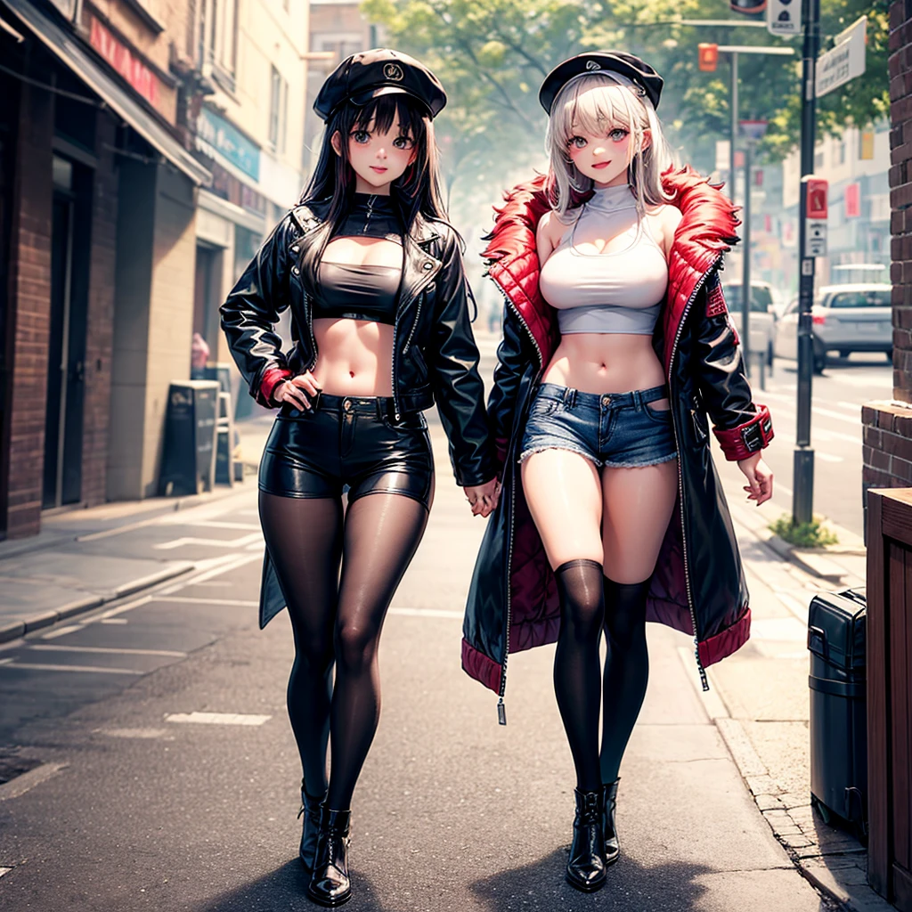 ((1girl)), one beautiful girl, detailed beautiful hair, detailed beautiful eyes, long white hair, small breasts, glasses, loose unzipped leather jacket, black bra, jean shorts, record store, records, vinyl, open door, open window, evening, nighttime, standing, dramatic pose, cowboy shot, cinematic lighting, dramatic lighting,