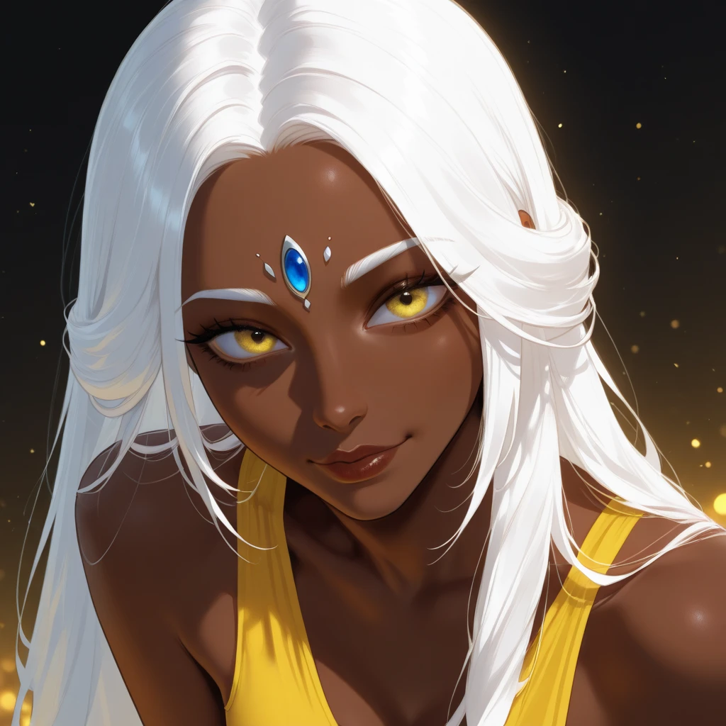 beautiful girl, white transparent pupils, silvery white hair, looking at viewer, brown skin, full body, bandeau on chest, smiling, 19 year old, naked, topless, black eyebrows, silver symbols on upper chest, looking sensually, stunning, Sexy figure, peerless beauty, dreamlike, stunning, shining, dynamic details, gorgeous light and shadow 