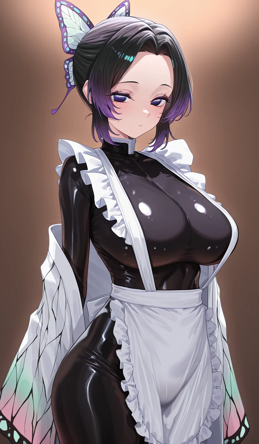 Black Hair, Short Ponytail, Large Breasts, Slanted Eyes, Simple Background, Bikini maid with purple eyes, Overall image