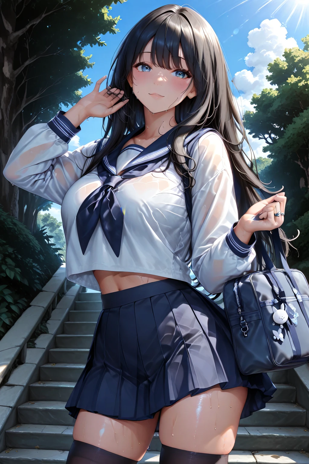 "(perfect masterpiece:1.2), (highest quality:1.2), stunning face,  compensate, long and luxurious eyelashes, lip whole, irresistible charisma.",(((mature woman))),(((twin tails)))，raised his arms,NSFW,(((Chubby)))，((((school uniform)))，hair clip，wallpaper，(((black hair)))，very long bangs，hair between eyes，((Are fat))，((((Mother))))，lipstick，()，blue skirt，have a school bag，black long socks，smile，((((tanned skin))))，blue eyes，Pants with laces