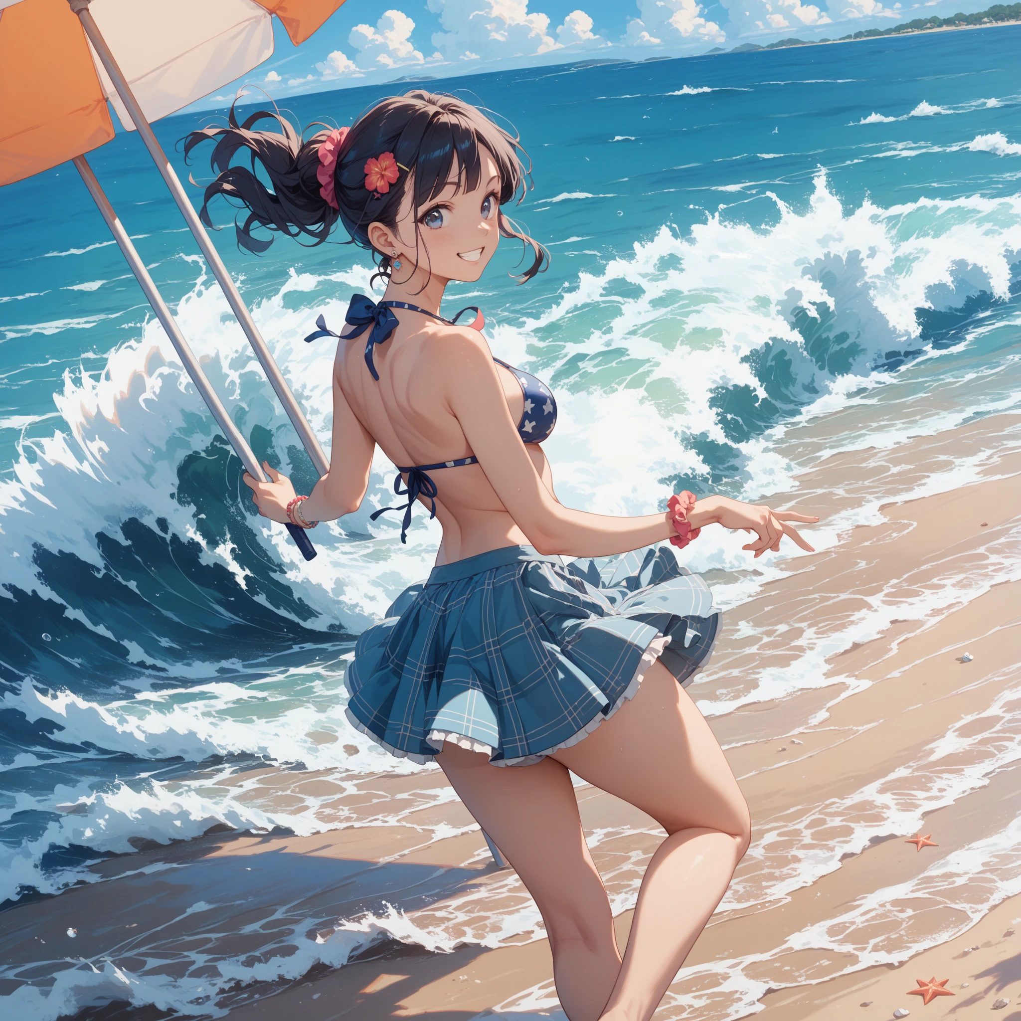 Highest quality、High resolution、Detailed Background、(Beautiful face in every detail:1.4)、Anatomically correct、Hide your fingers、(Detailed facial expressions)、Teenage beauty、(Highly detailed face:1.4)、cute hair color、Brown Hair、Black Hair、Braided bob cut、Braided Ponytail、Braided twin tails、well-groomed eyebrows、A big smile、Uplifting、Cute gestures、A fun atmosphere、
Summer sun、Shining Sea、Small footprint、Walking on the beach、
Enjoy splashing around on the shore、Take off your sandals and jump into the sea、Running around holding hands with friends、
The sea breeze makes my heart feel light、Smiling and innocent play、Endless blue sky and sea、Everlasting summer memories、
(Two girls playing innocently on the beach:1.5)、
Vivid color frill bikini、Cute frilled bikini、We recommend vivid colors such as bright pink and blue.、
Striped one-piece swimsuit、Sporty and casual atmosphere、Short length or A-line style、
Ribbon design tankini、Tankini with ribbon on the tank top、It is both cute and sporty.、Pair your bottoms with shorts、
Bikini with flower print、Floral and tropical bikinis、A glamorous and feminine impression、Even though the design is simple, the pattern creates a cute look.、cute
