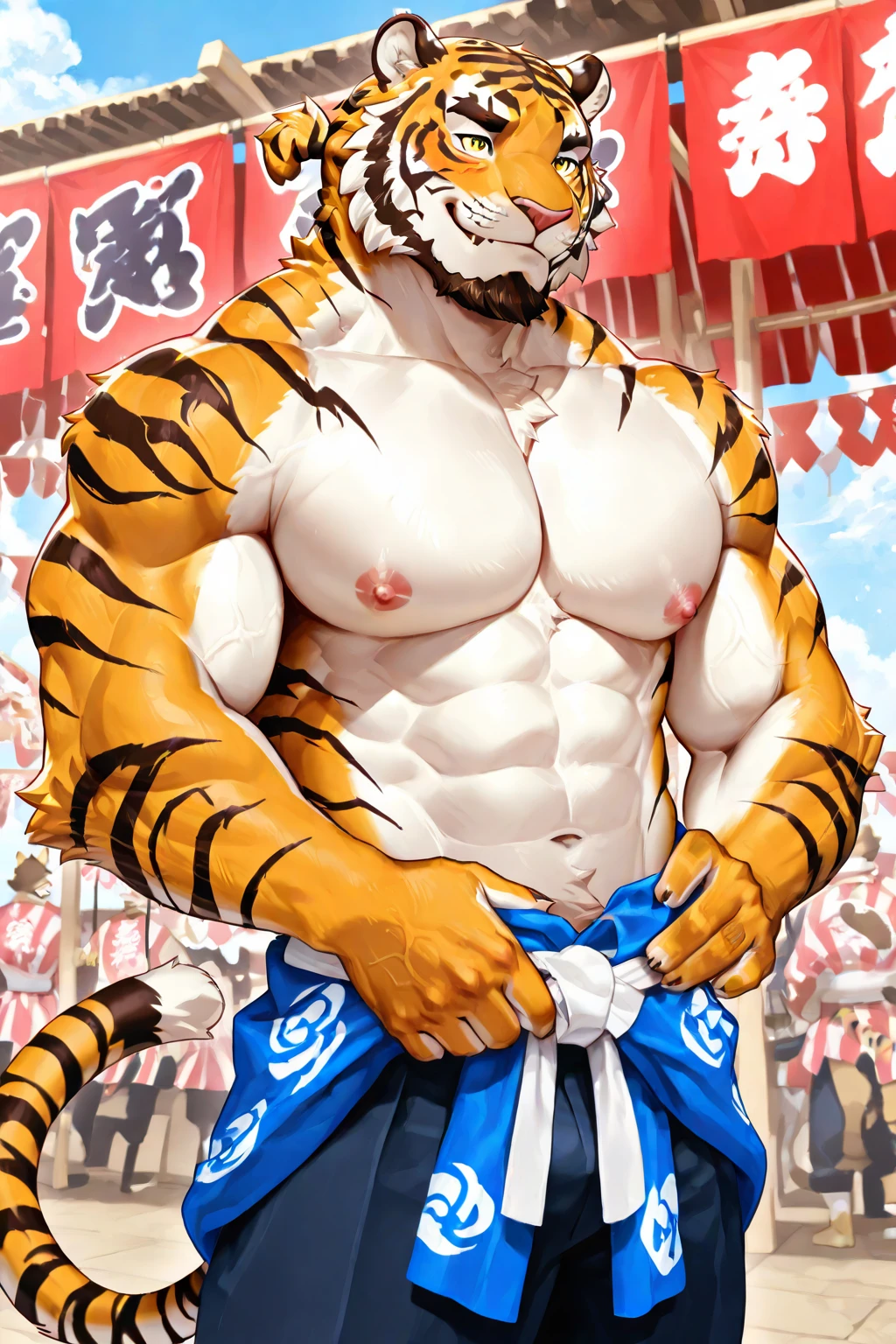 Mature male,Middle age,tigerman,anthropomorphic tiger,boxer,The hero's standing posture,In the ring,Be watched,,Well-developed muscles,vast pecs,broad shoulder,Thick-breasted,Huge crotch bulge,Bare upper body,Thigh-toe unobstructed,Indecent expressions,High- sharpness,High picture quality,Complicated details,the complex background,tmasterpiece,full bodyesbian,in a panoramic view,facing to audience