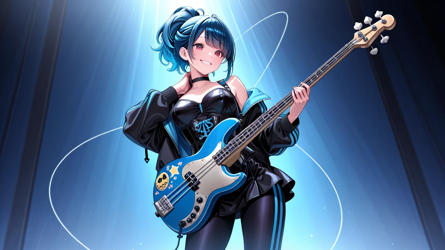 androgynous slender beautiful and cute woman with light blue hair, golden eyes, playboy-bunny costume, playing a star-shaped deformed electric guitar, background galaxy, octagram, shading effects, gradation magic effects, (ultra detailed, absolutely resolution, best quality:1.3), 2.5D, delicate and dynamic, artistic photography, hyper realistic, graphic CG digital art